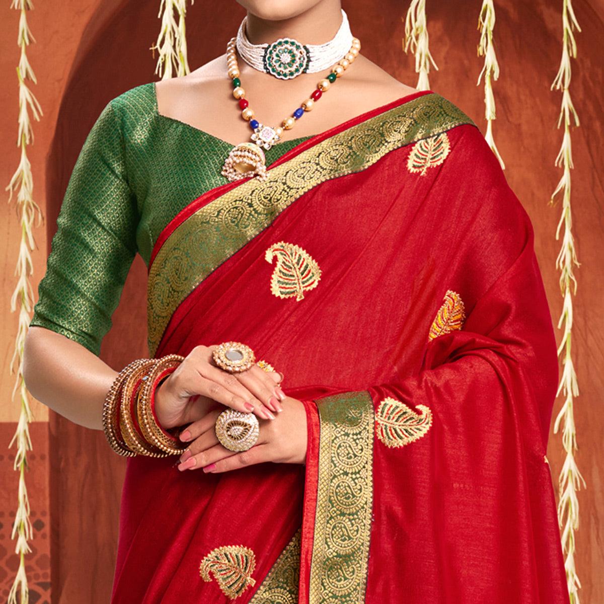 Red Floral Embroidered Vichitra Silk Saree - Peachmode