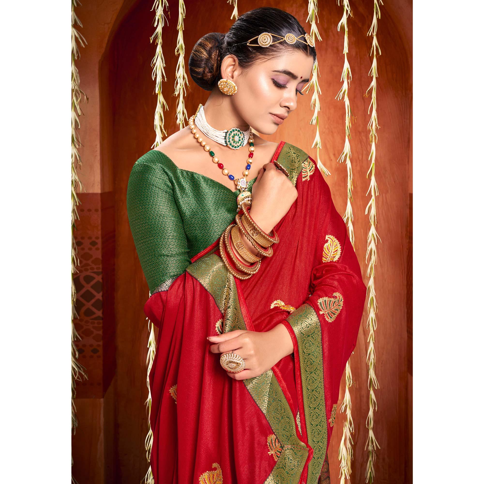 Red Floral Embroidered Vichitra Silk Saree - Peachmode