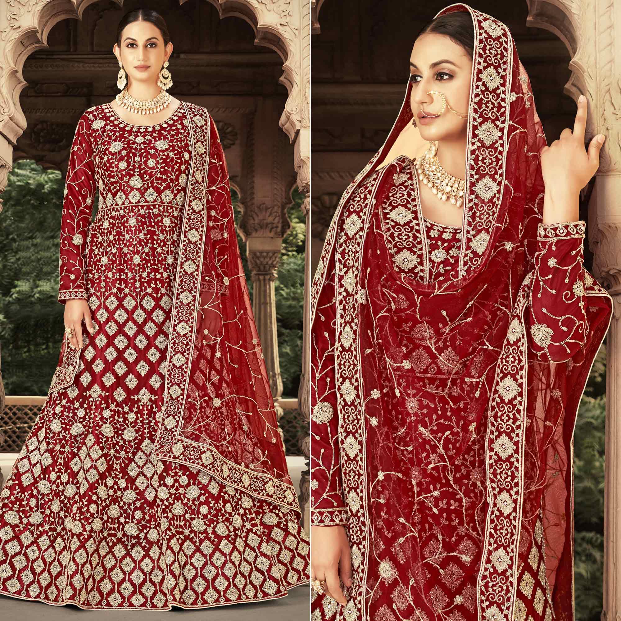 Red Floral Embroidered With Diamond Work Net Gown - Peachmode