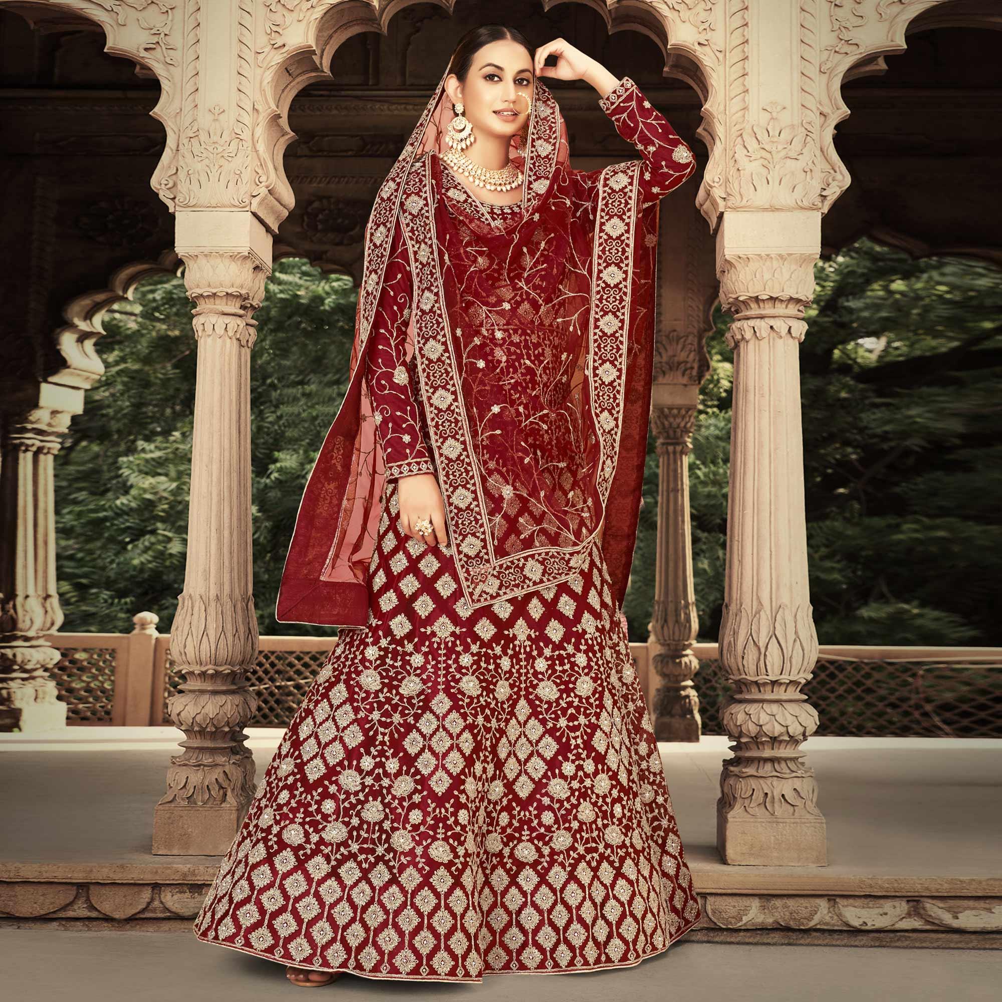 Red Floral Embroidered With Diamond Work Net Gown - Peachmode