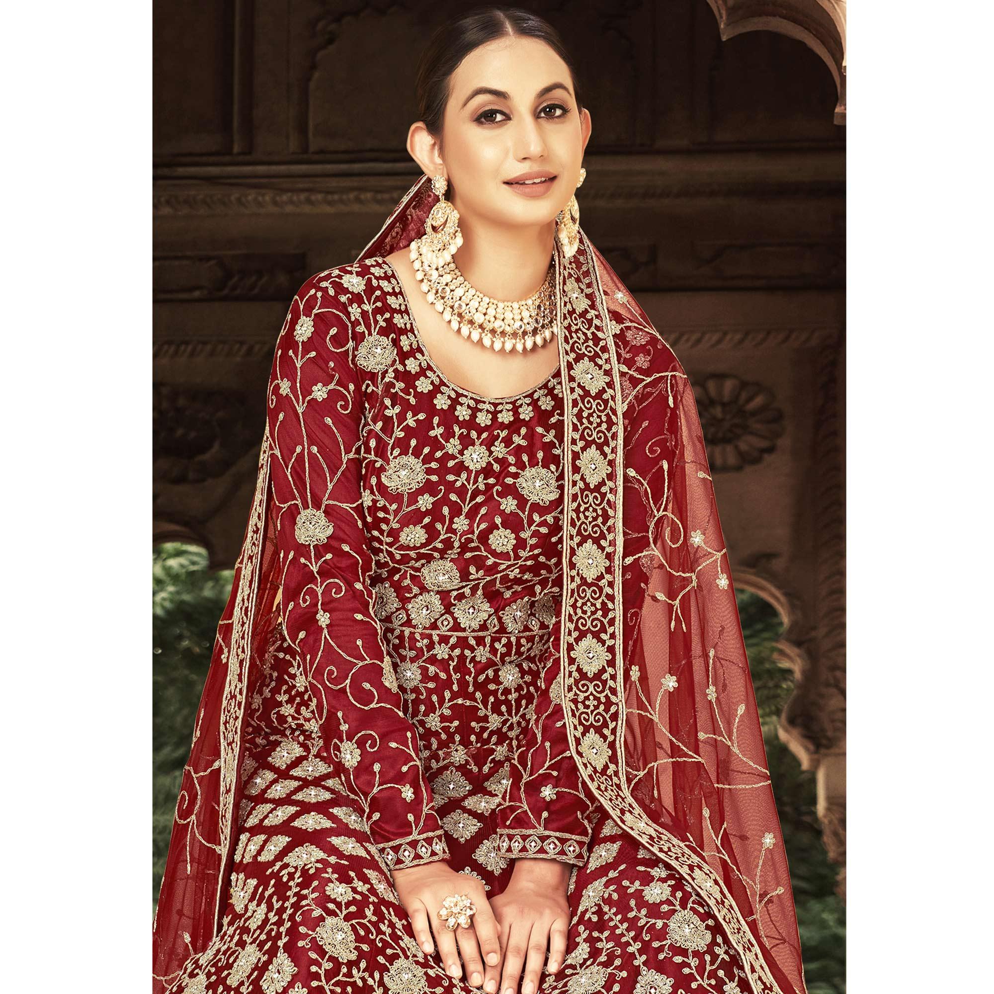 Red Floral Embroidered With Diamond Work Net Gown - Peachmode