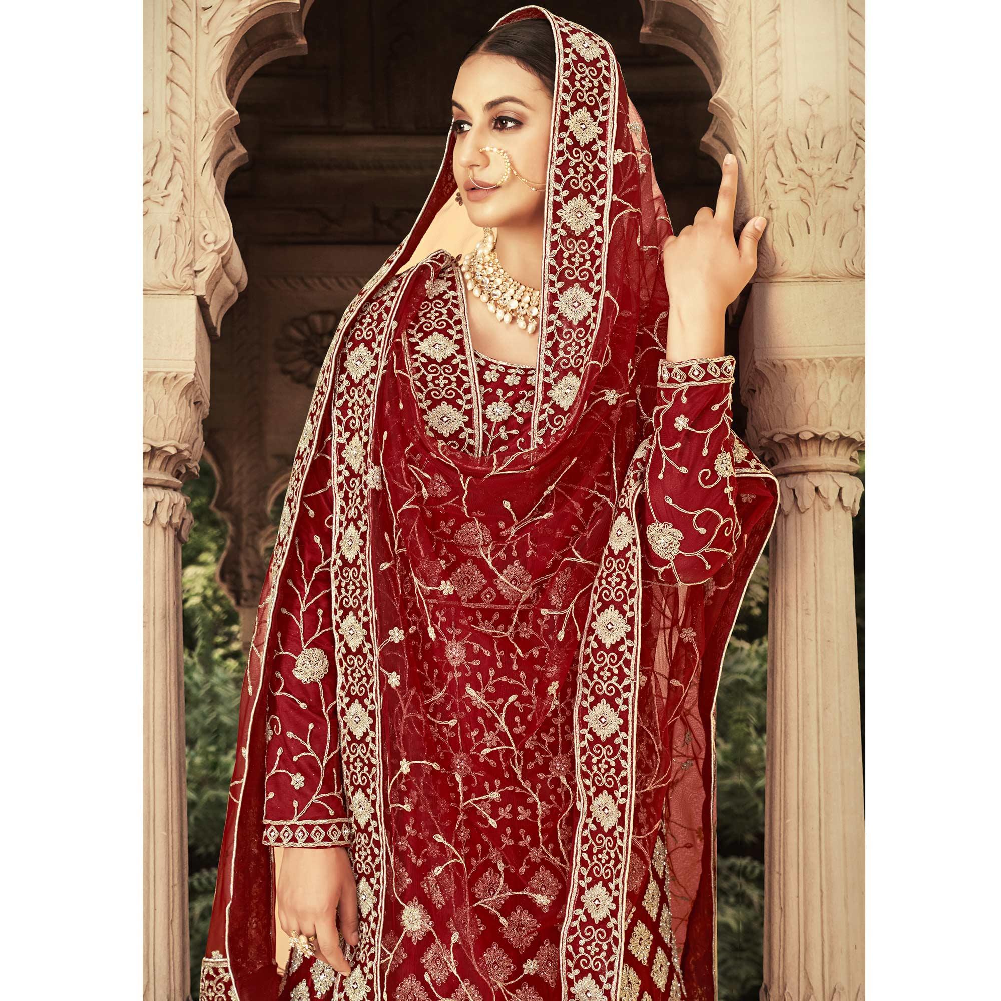 Red Floral Embroidered With Diamond Work Net Gown - Peachmode