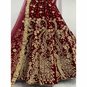 Red Floral Embroidery With Dori Work Velvet Lehenga Choli - Peachmode