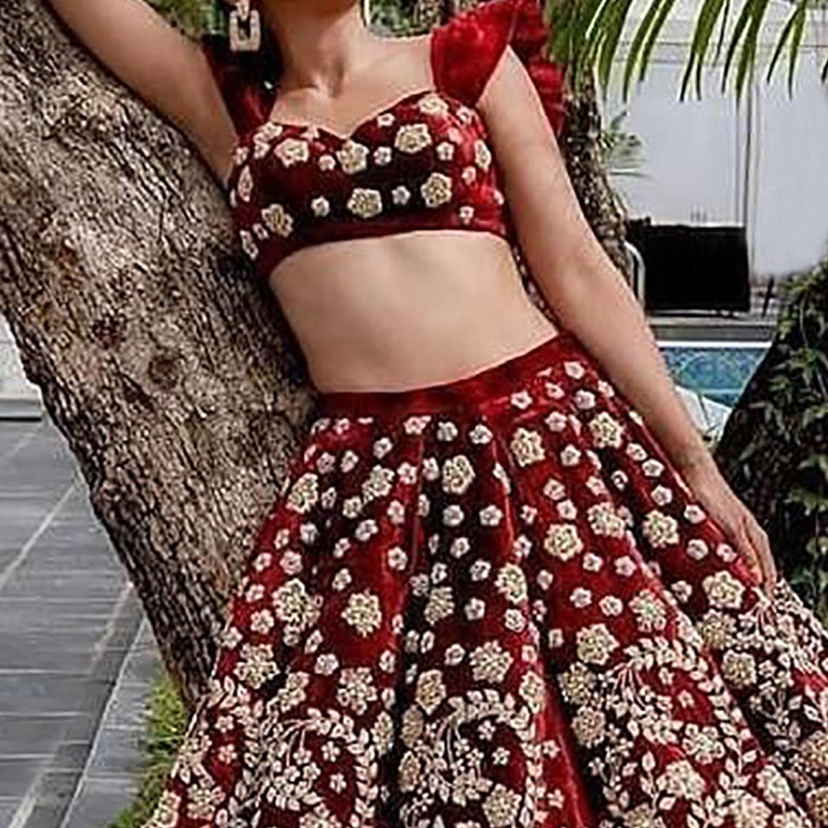 Red Floral Embroidery With Dori Work Velvet Lehenga Choli - Peachmode