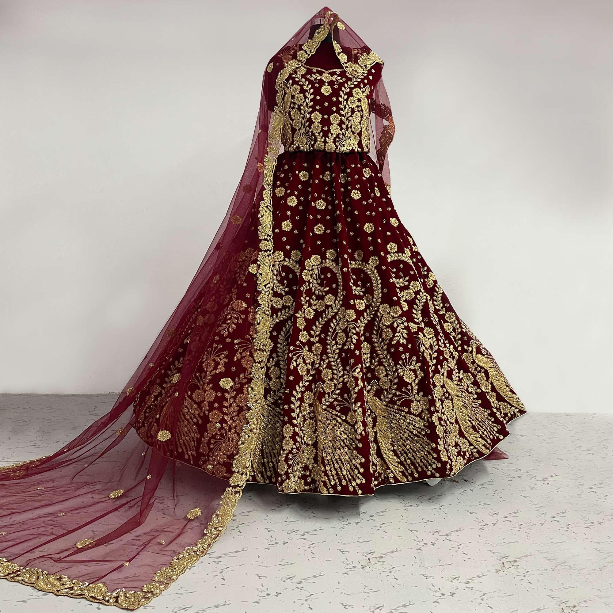 Red Floral Embroidery With Dori Work Velvet Lehenga Choli - Peachmode