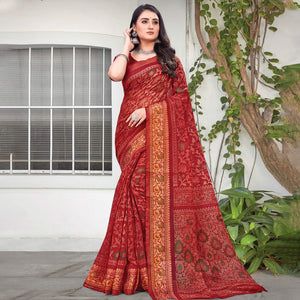 Red Floral Printed Art Silk Saree - Peachmode