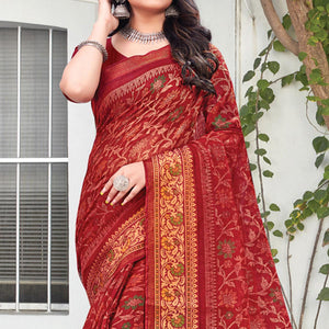 Red Floral Printed Art Silk Saree - Peachmode