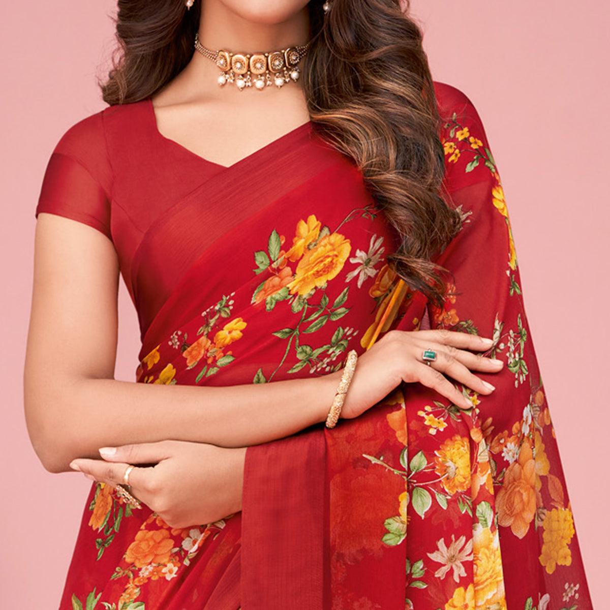 Red Floral Printed Chiffon Saree - Peachmode