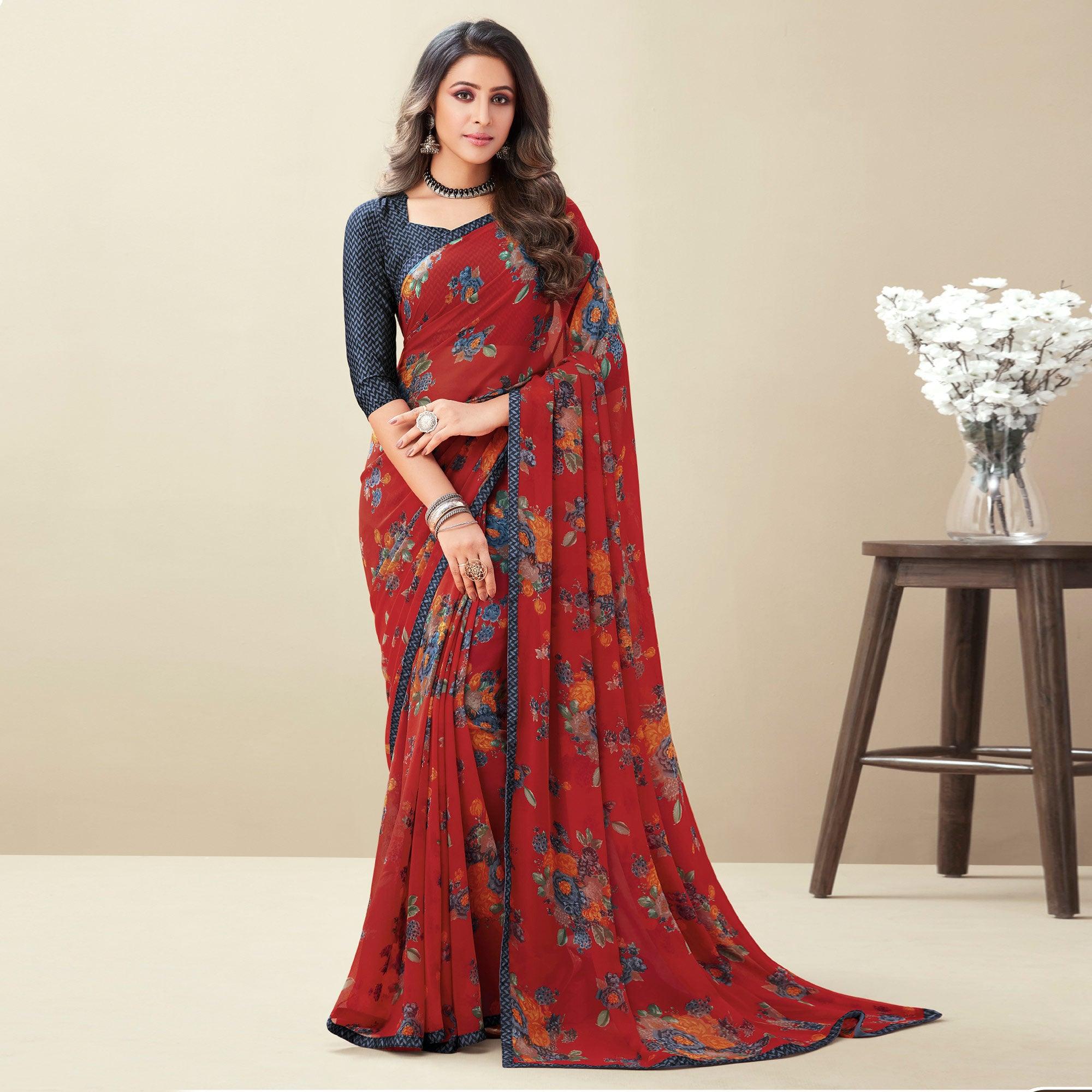 Red Floral Printed Georgette Saree - Peachmode