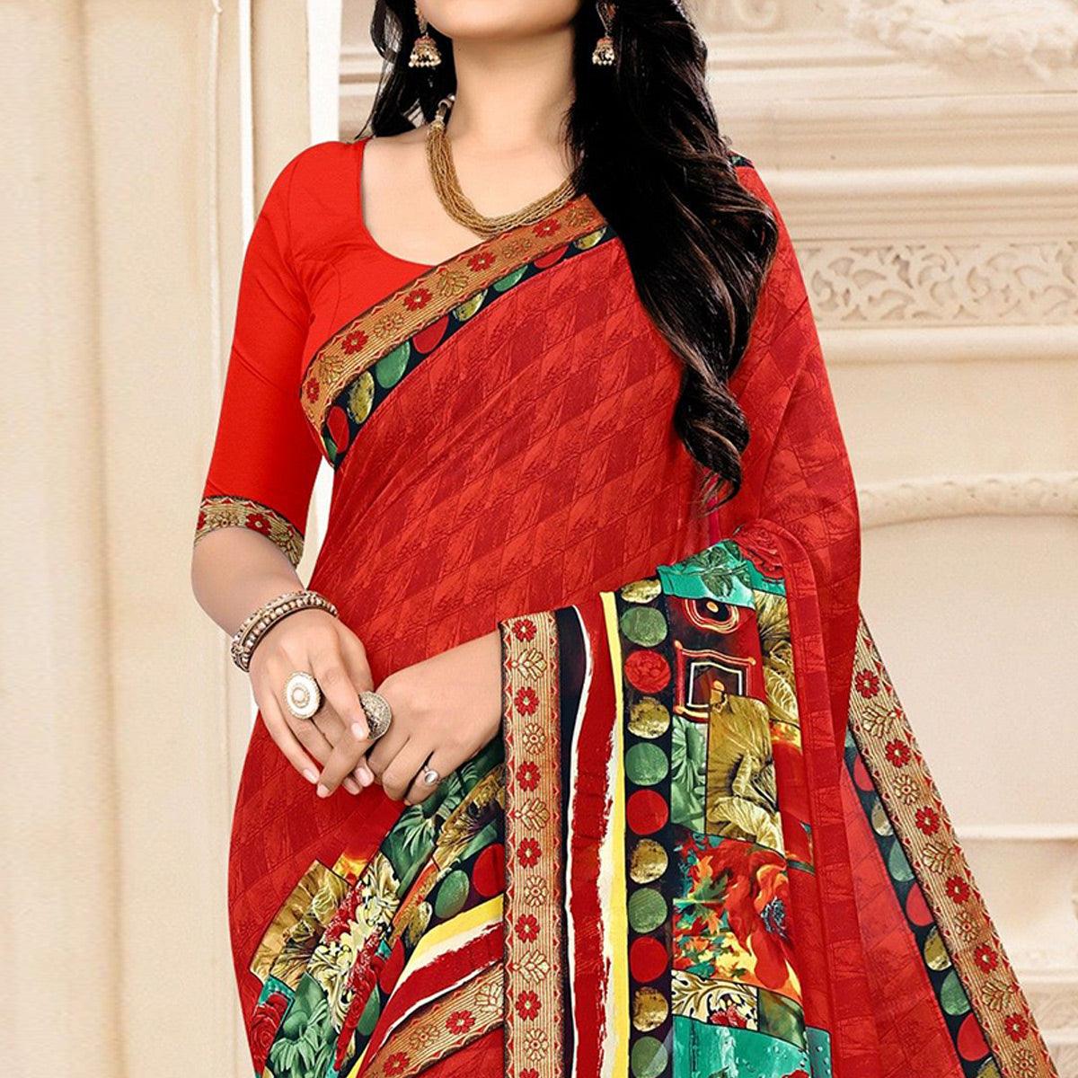 Red Floral Printed Georgette Saree - Peachmode