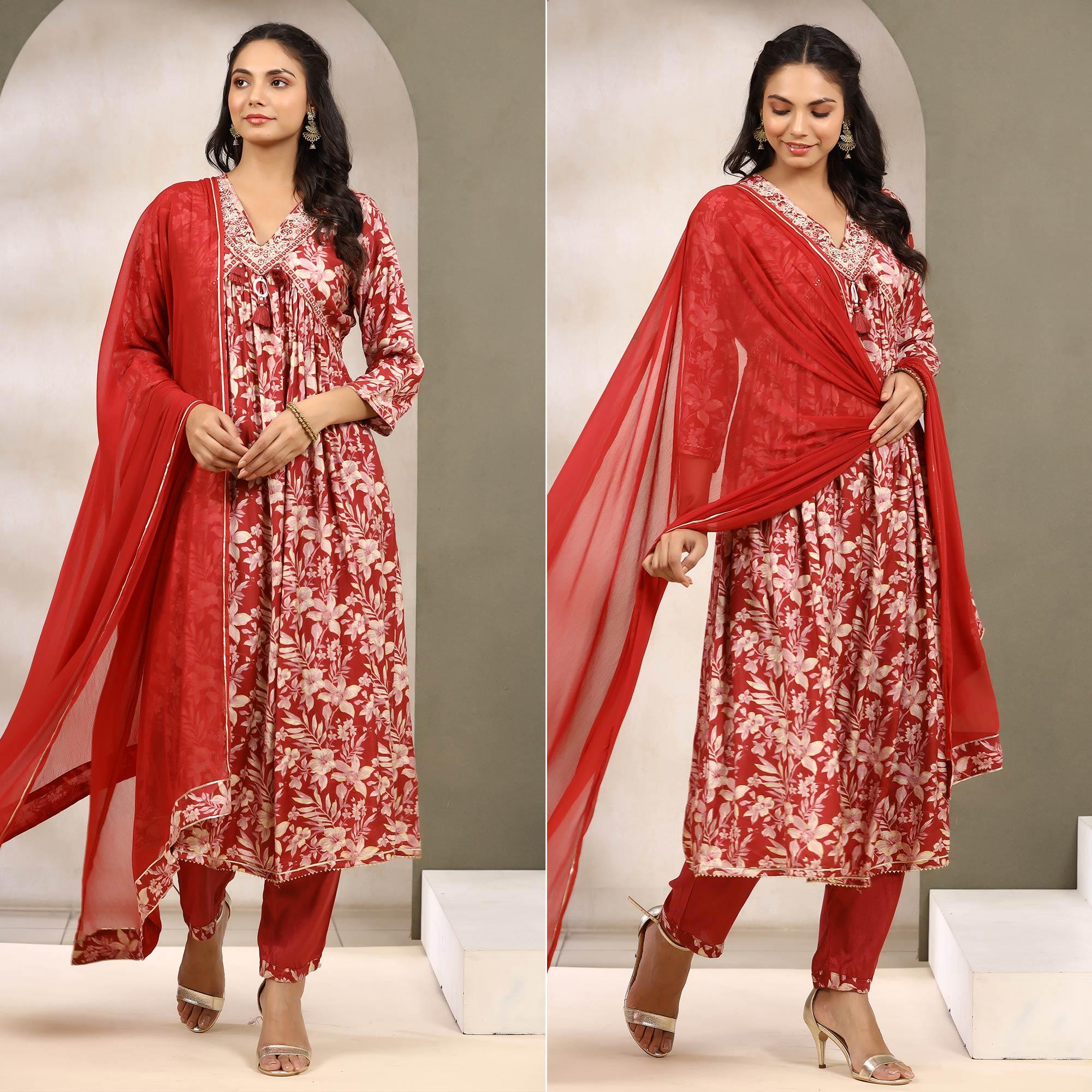 Red Floral Printed Muslin Anarkali Suit - Peachmode