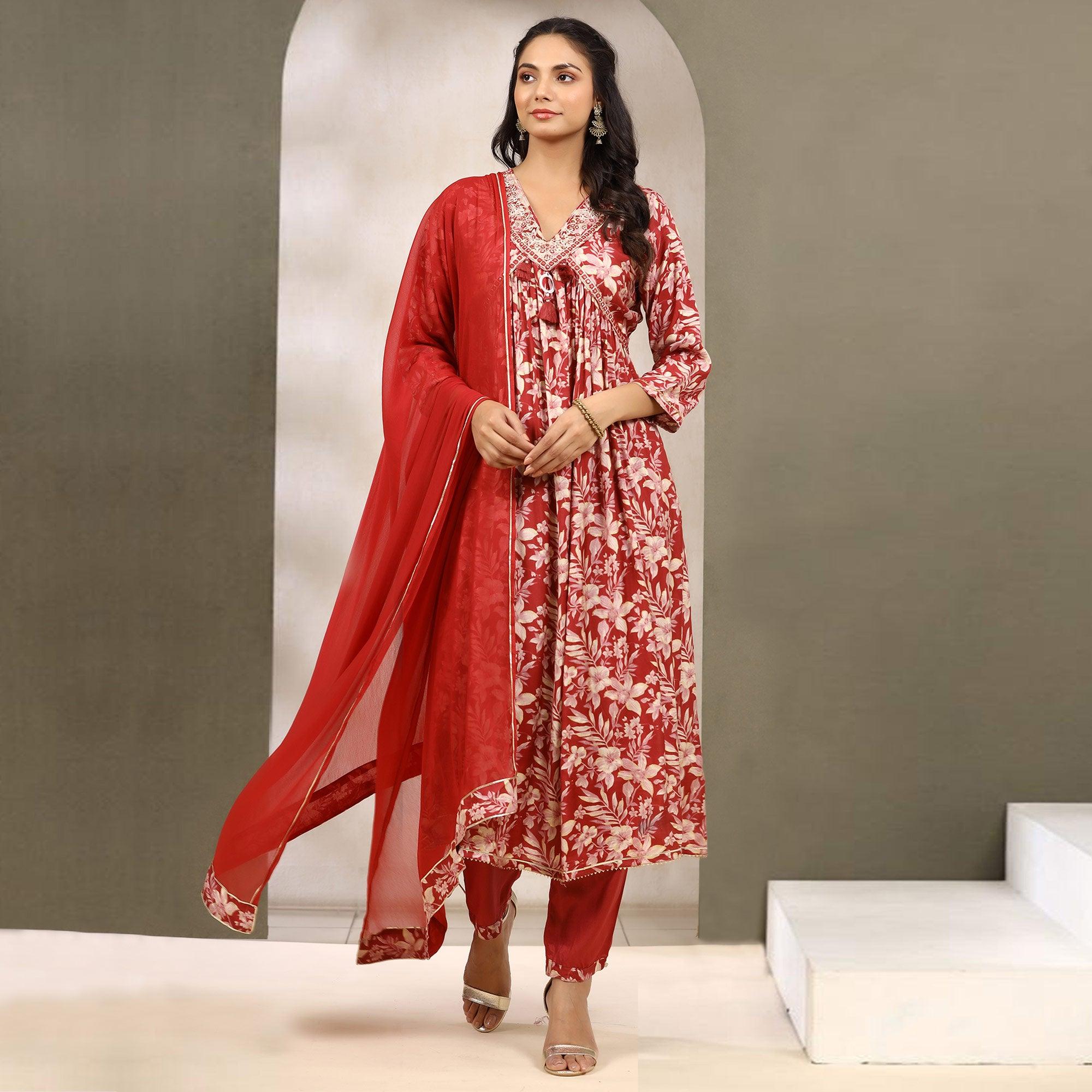 Red Floral Printed Muslin Anarkali Suit - Peachmode