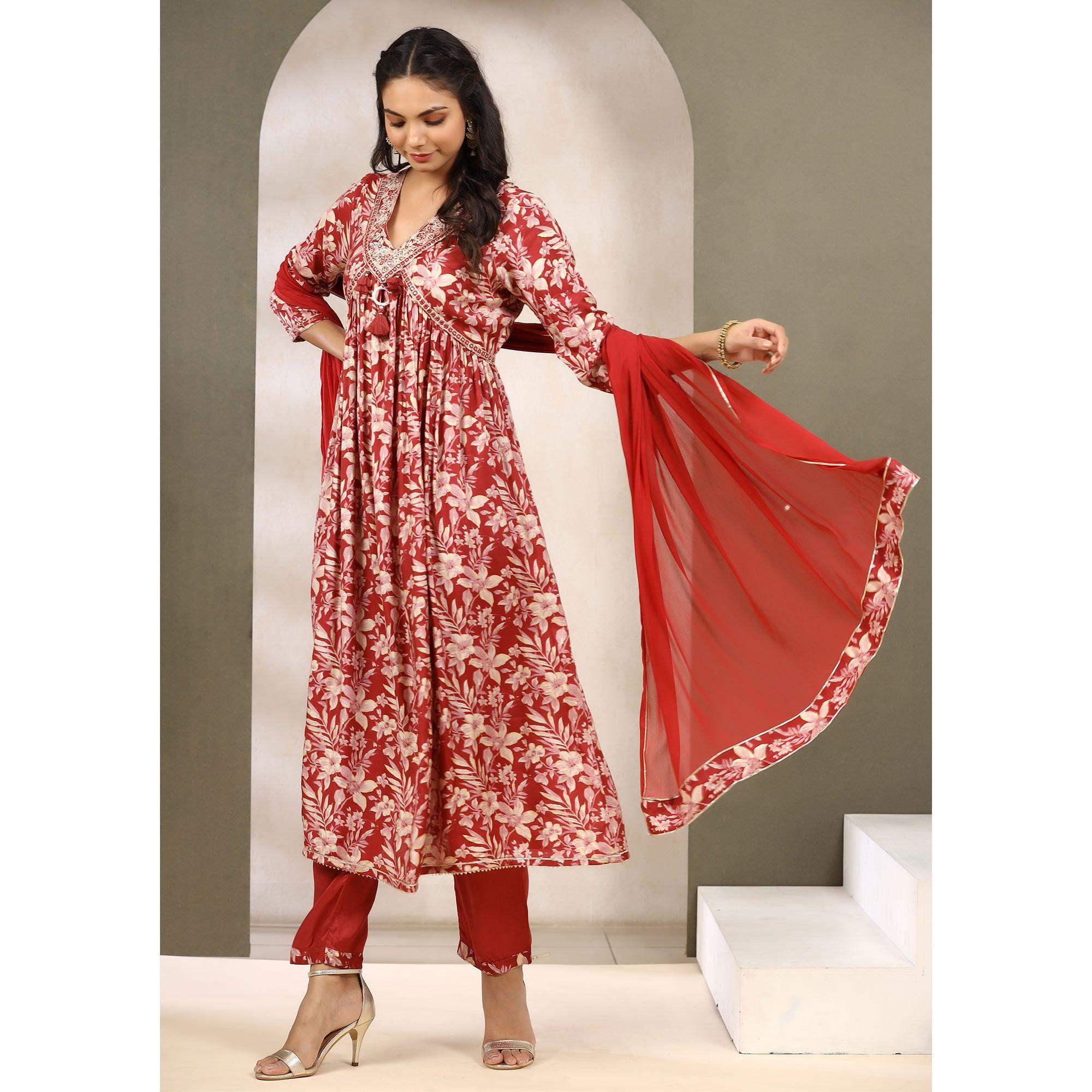 Red Floral Printed Muslin Anarkali Suit - Peachmode