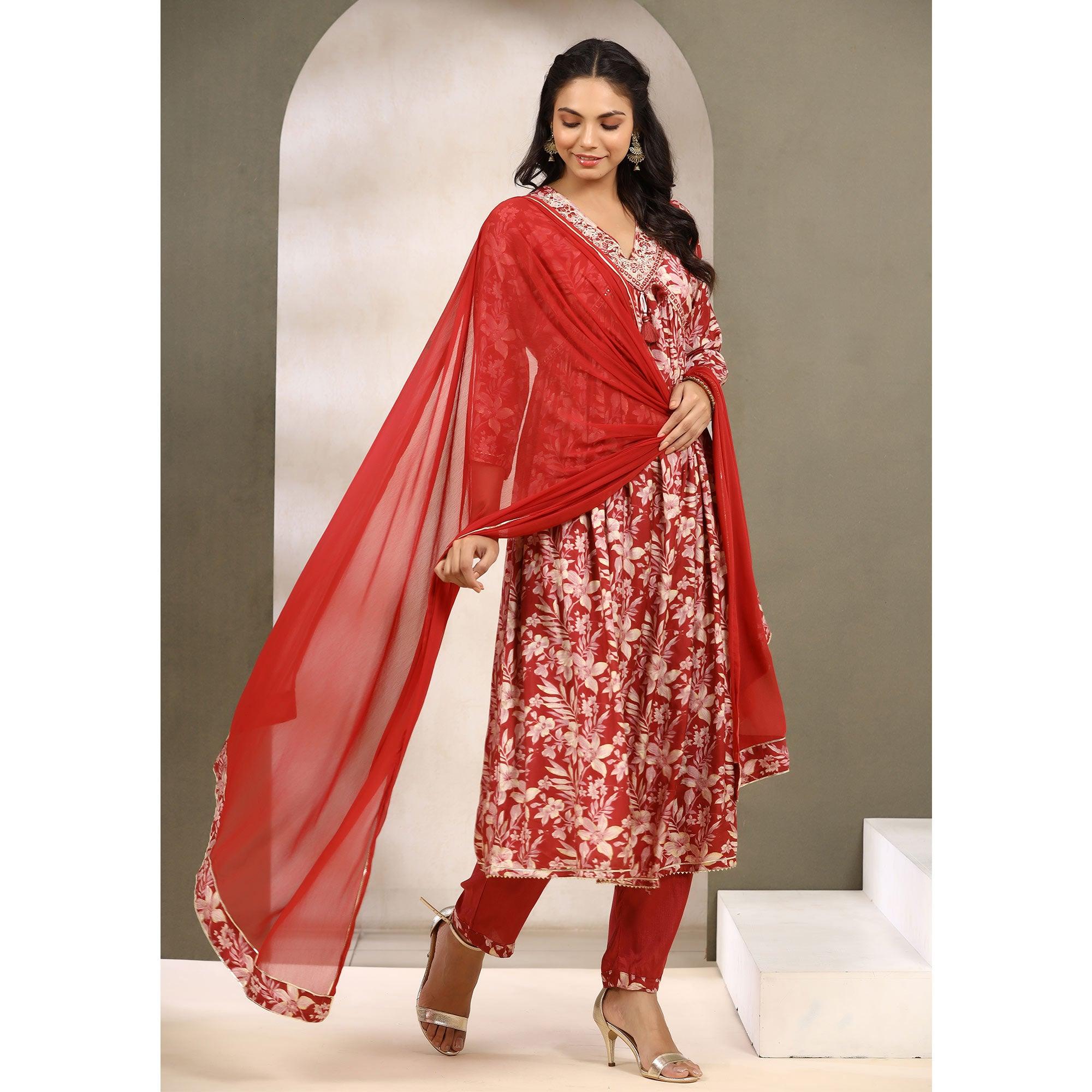 Red Floral Printed Muslin Anarkali Suit - Peachmode