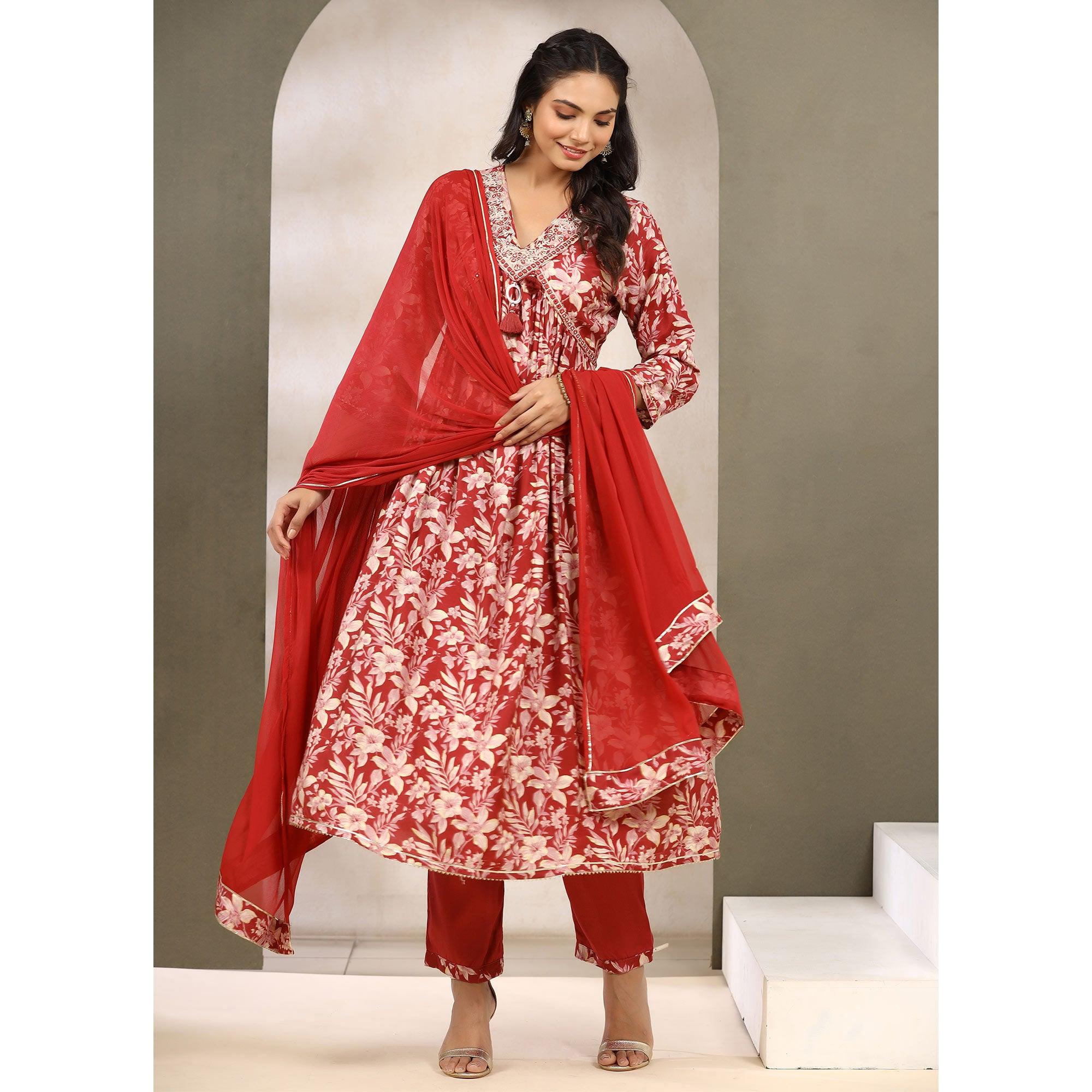 Red Floral Printed Muslin Anarkali Suit - Peachmode
