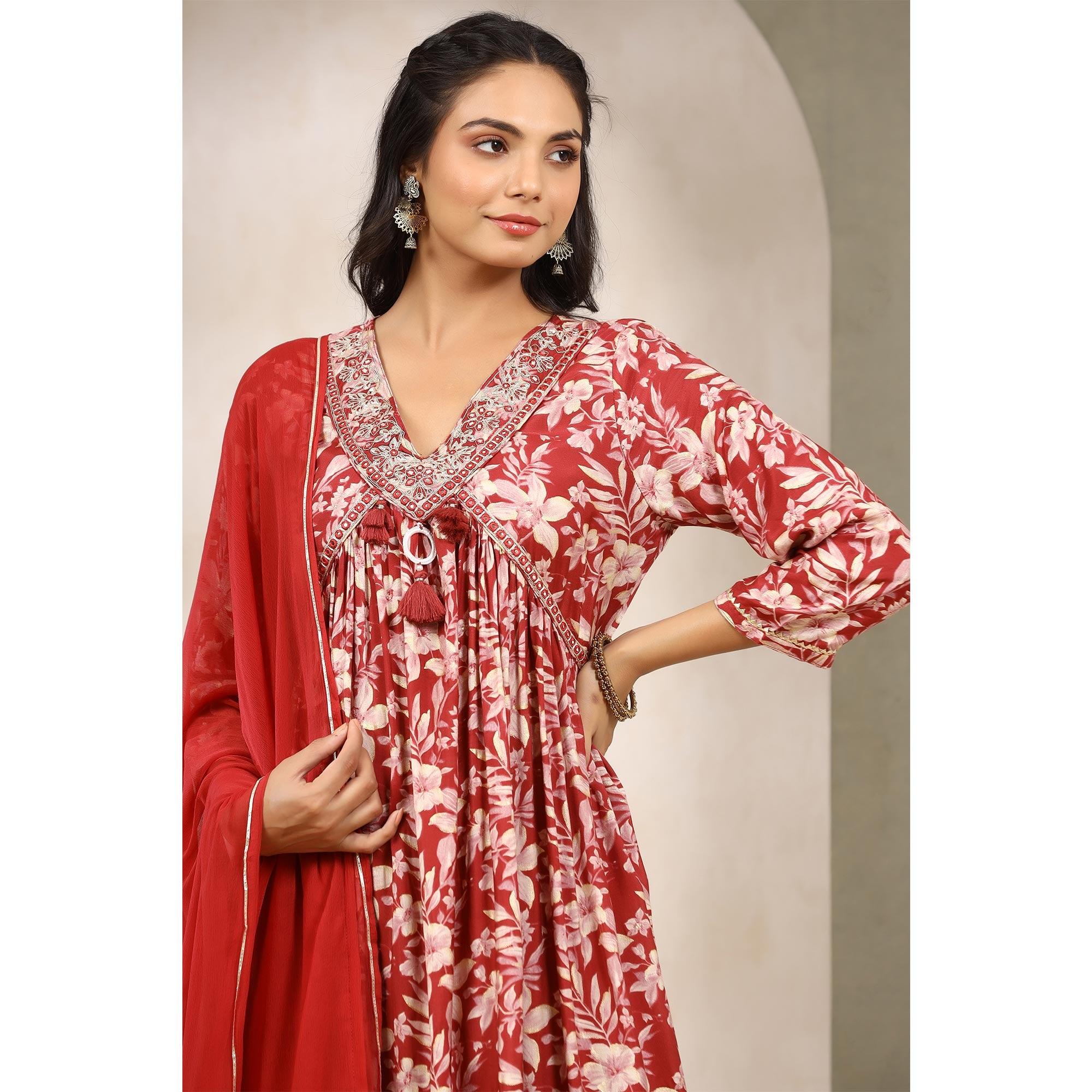 Red Floral Printed Muslin Anarkali Suit - Peachmode