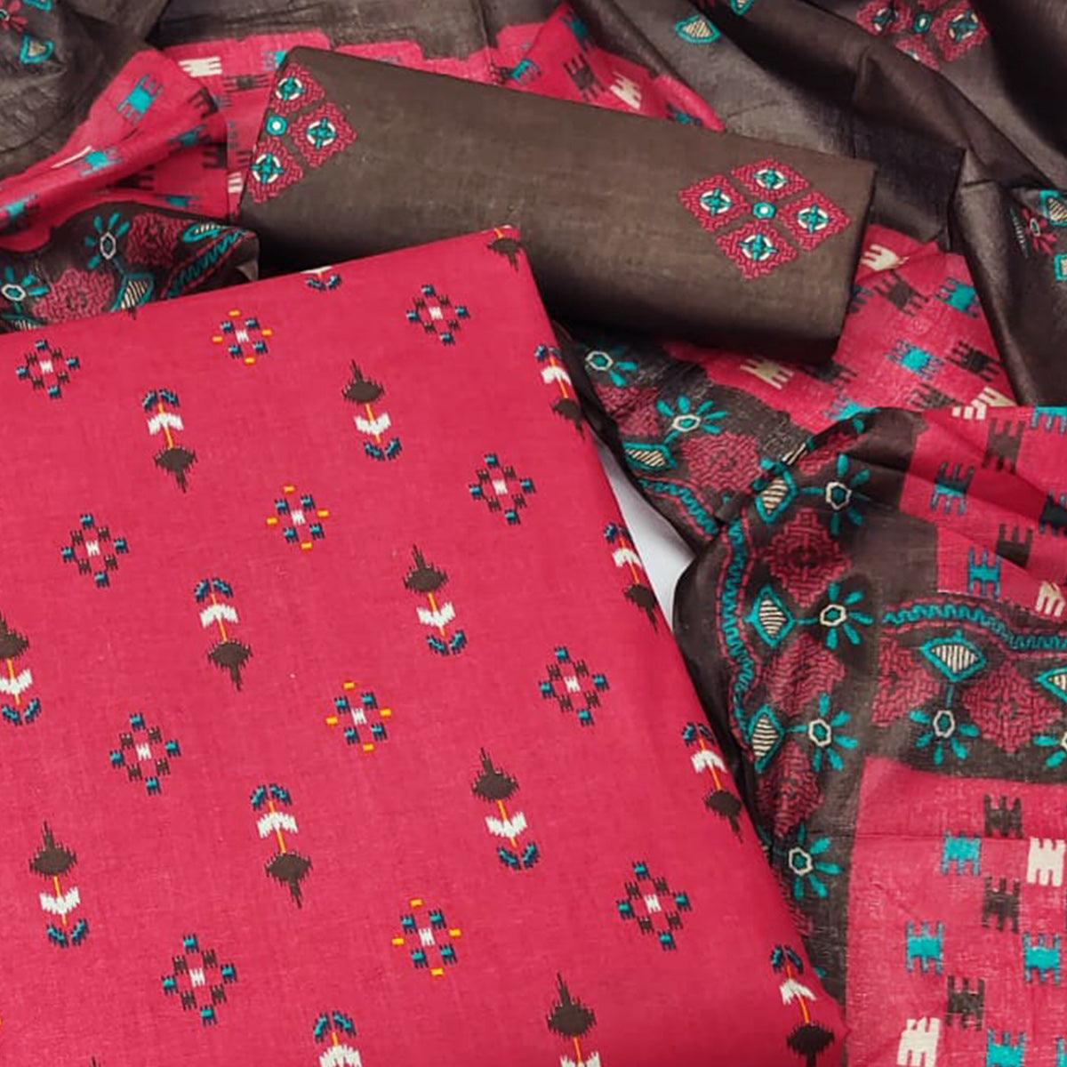 Red Floral Printed Pure Cotton Dress Material - Peachmode