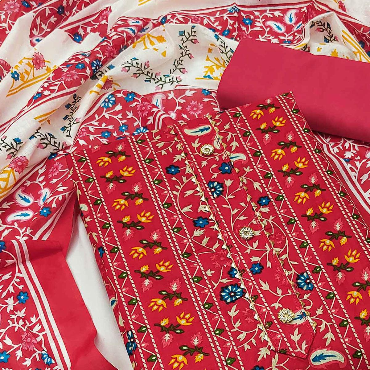 Red Floral Printed Pure Cotton Dress Material - Peachmode