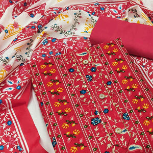 Red Floral Printed Pure Cotton Dress Material - Peachmode