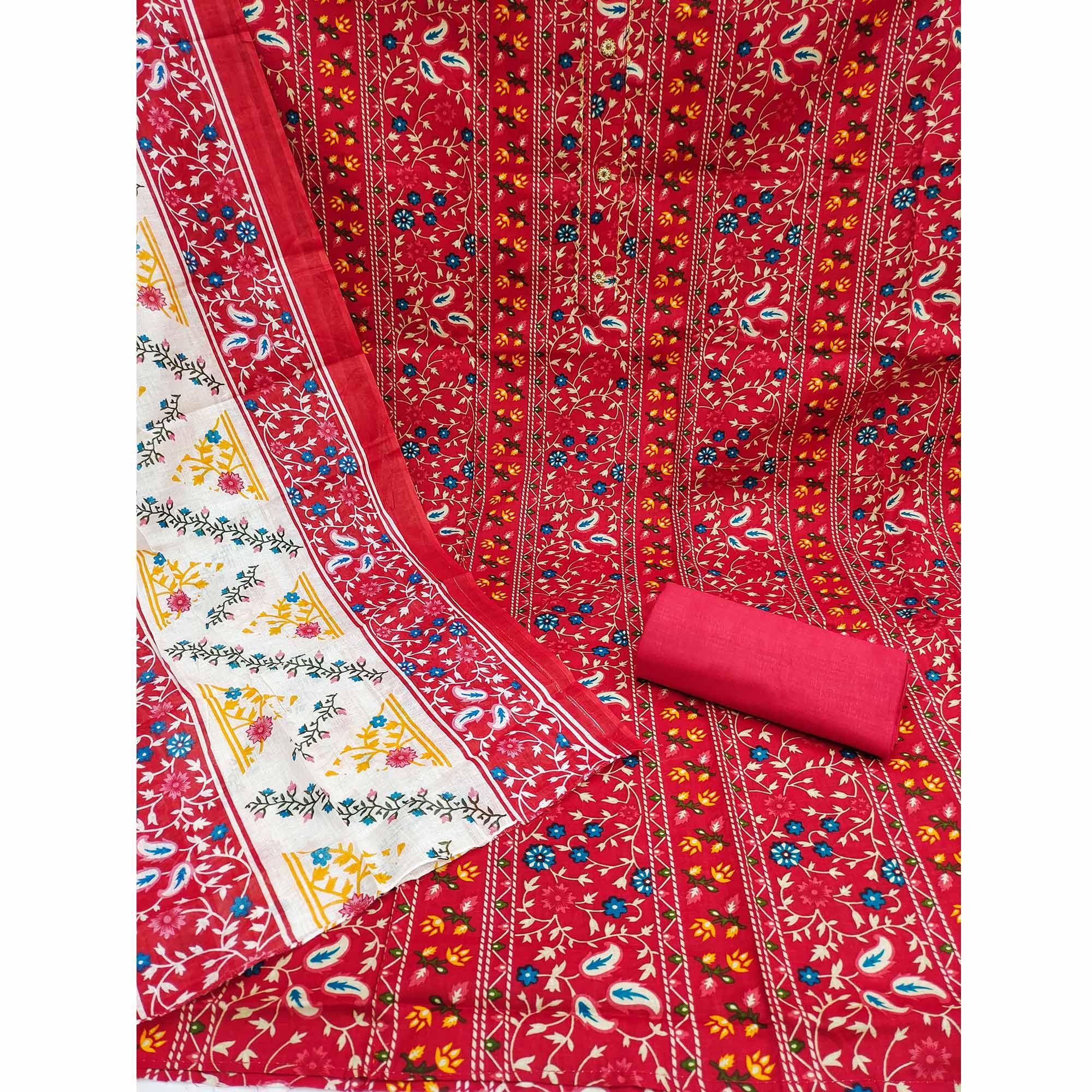 Red Floral Printed Pure Cotton Dress Material - Peachmode