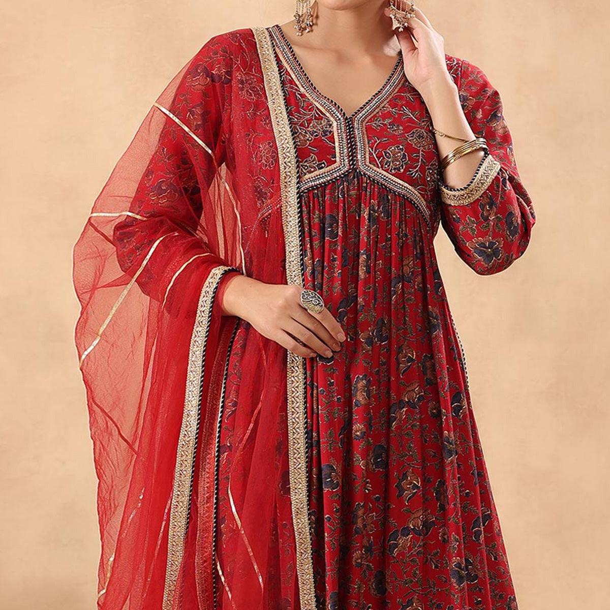 Red Floral Printed Pure Cotton Salwar Suit - Peachmode