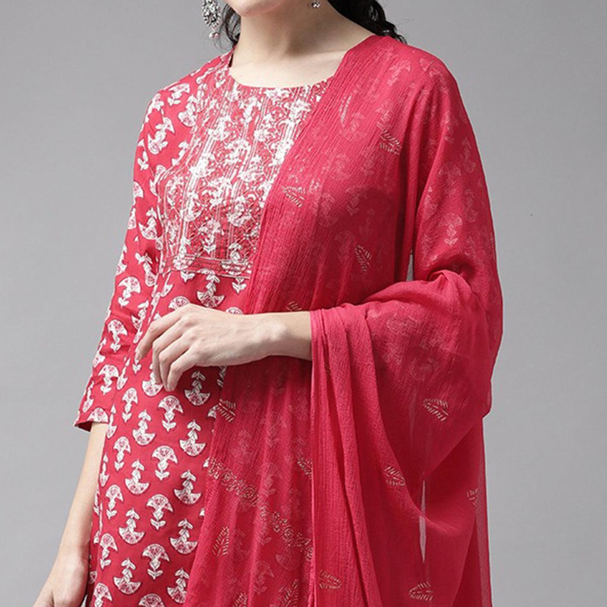 Red Floral Printed Pure Cotton Salwar Suit - Peachmode