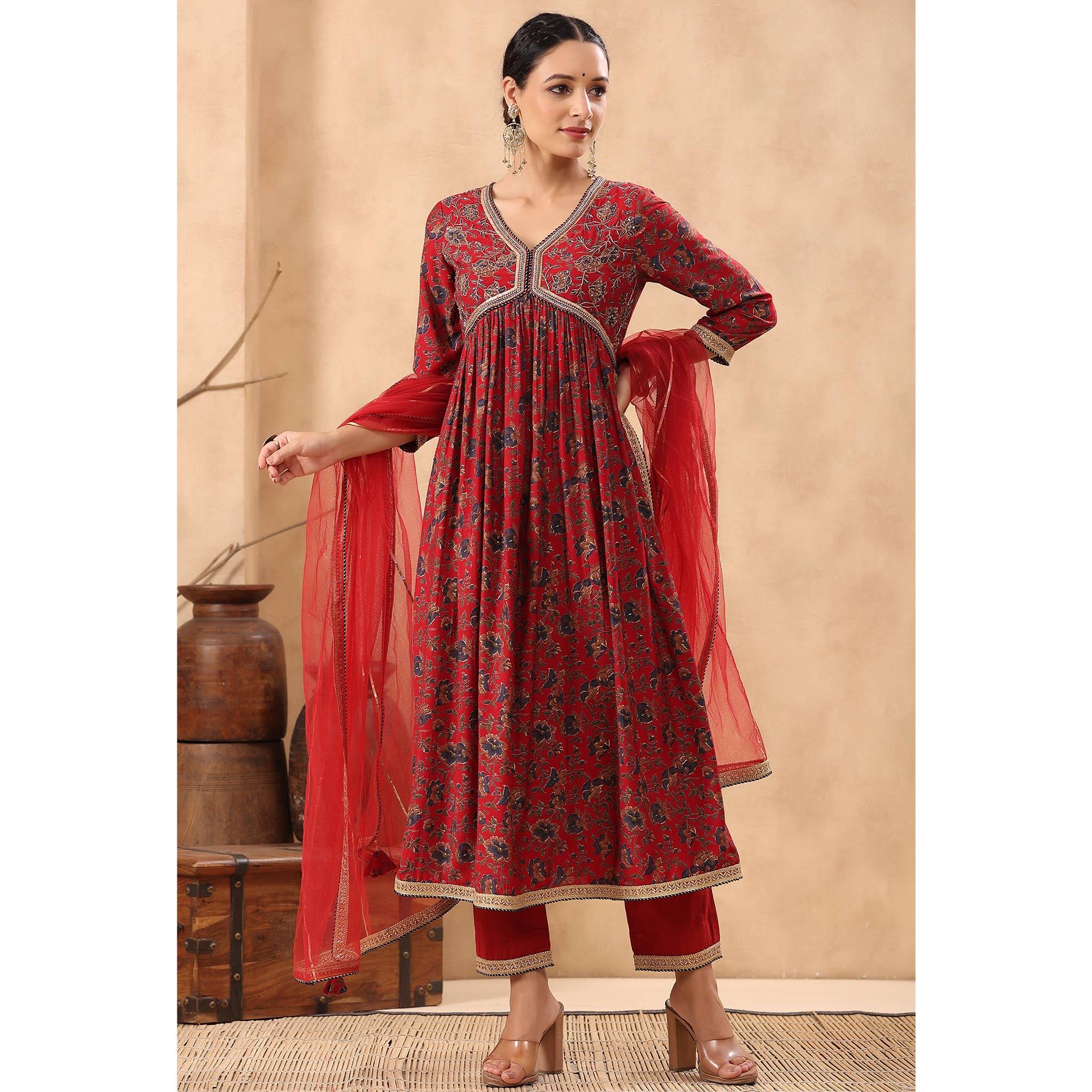 Red Floral Printed Pure Cotton Salwar Suit - Peachmode
