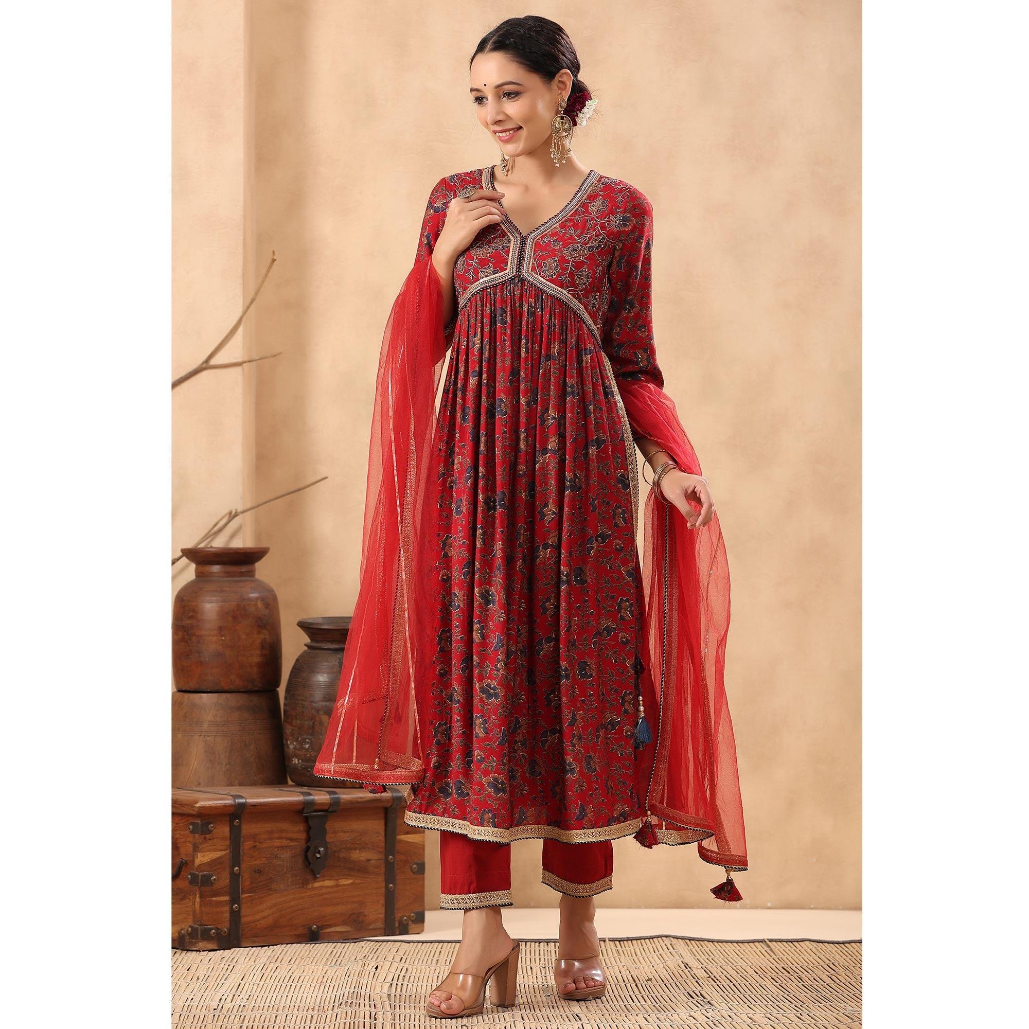 Red Floral Printed Pure Cotton Salwar Suit - Peachmode
