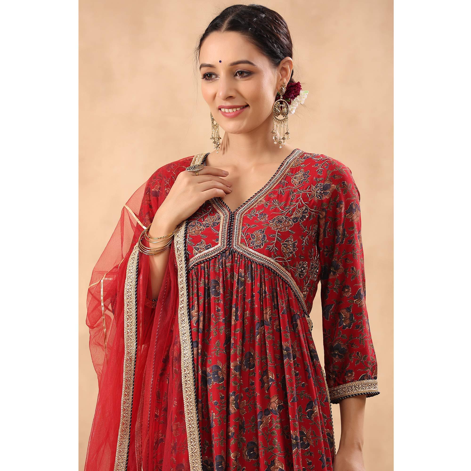 Red Floral Printed Pure Cotton Salwar Suit - Peachmode