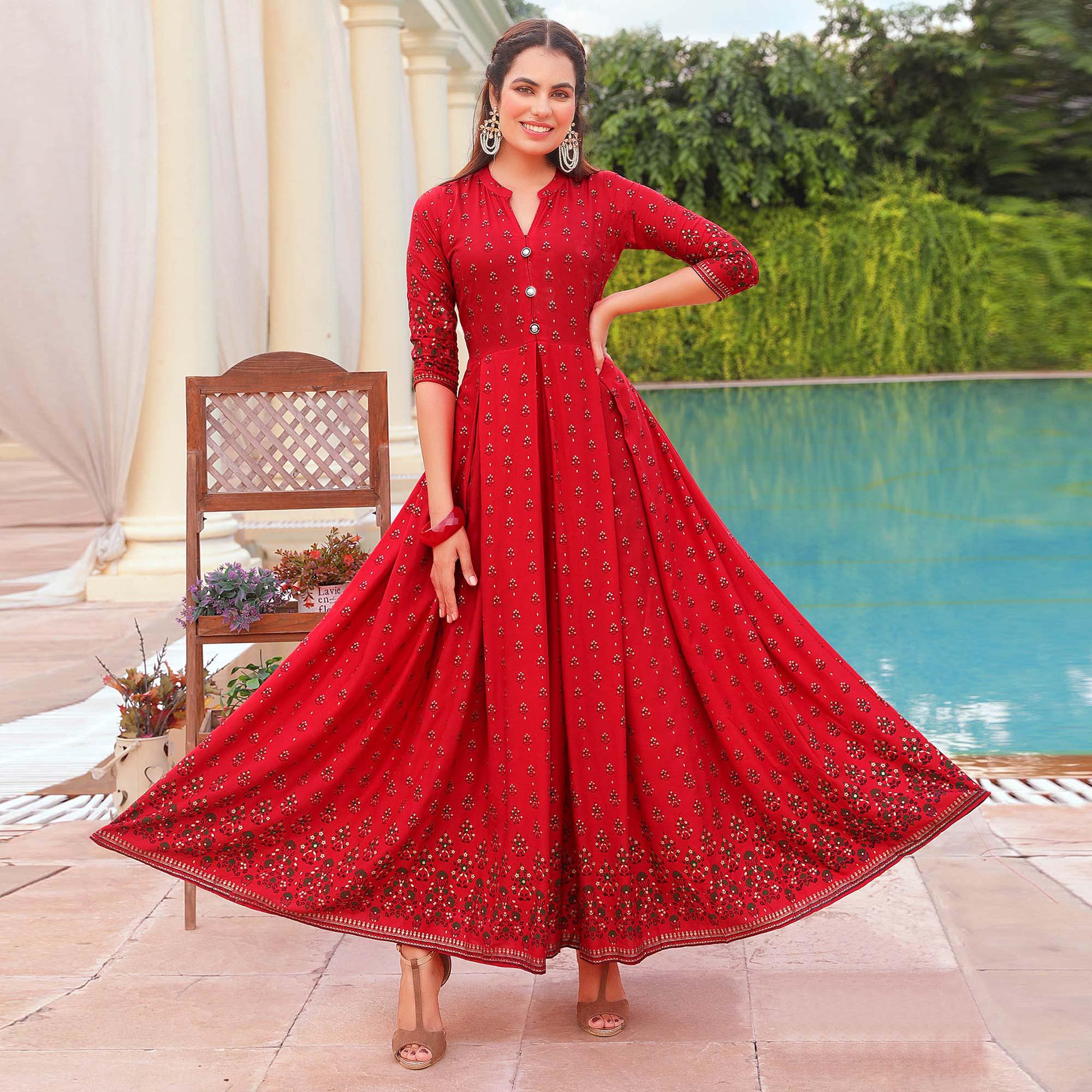 Red Floral Printed Rayon Gown - Peachmode