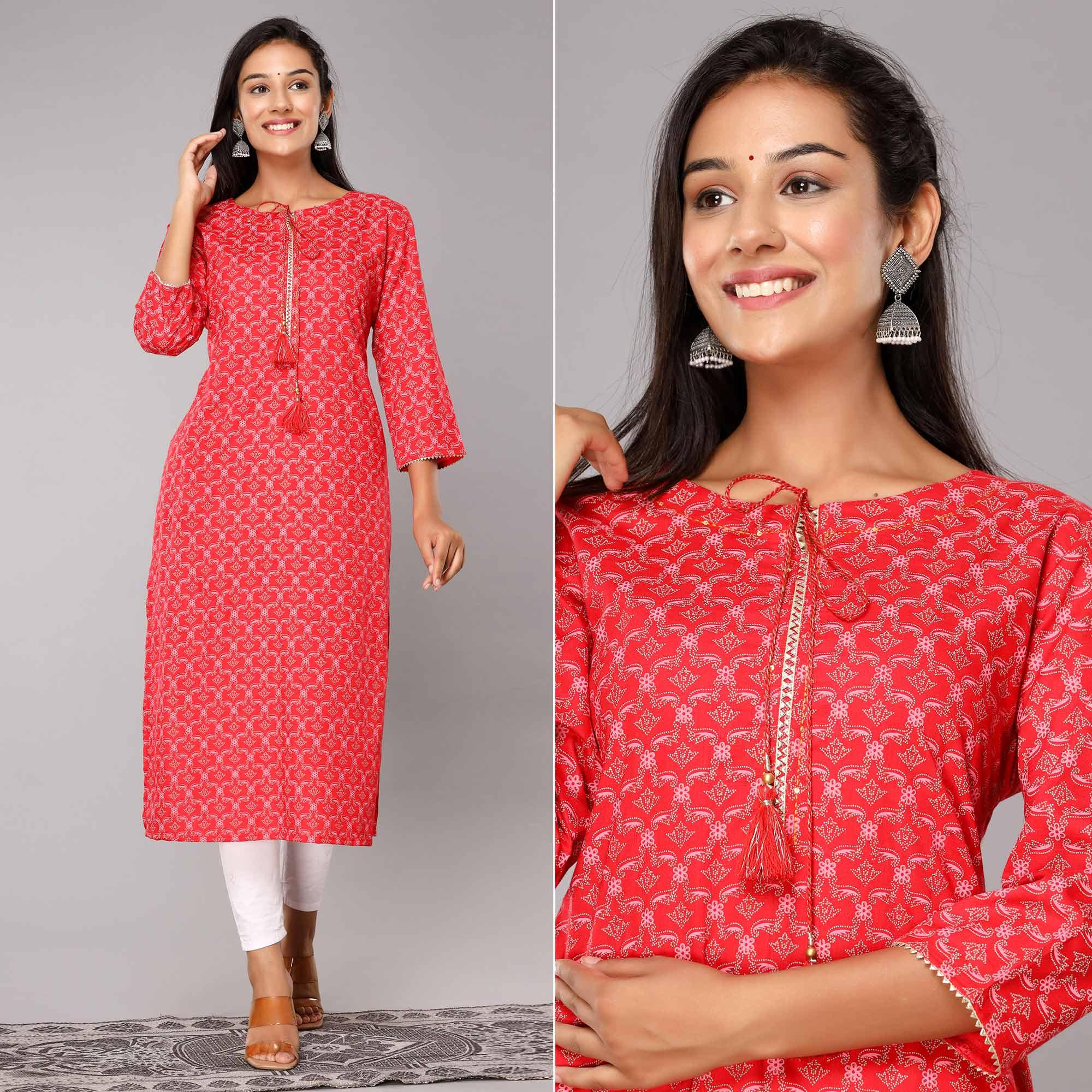 Red Floral Printed Rayon Kurti - Peachmode