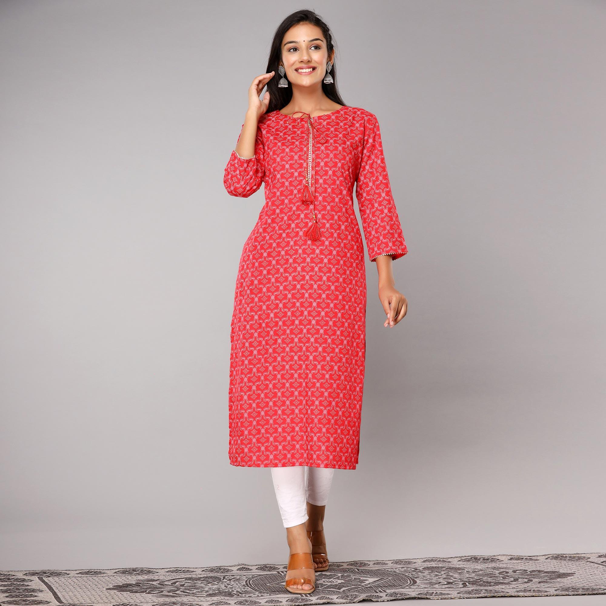Red Floral Printed Rayon Kurti - Peachmode