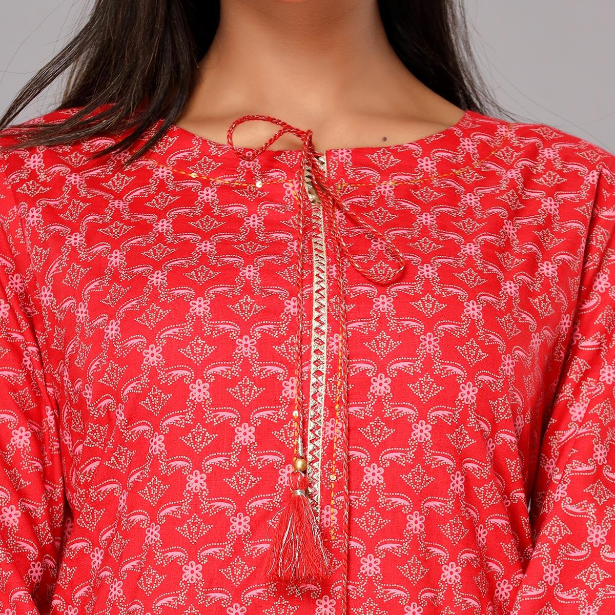 Red Floral Printed Rayon Kurti - Peachmode