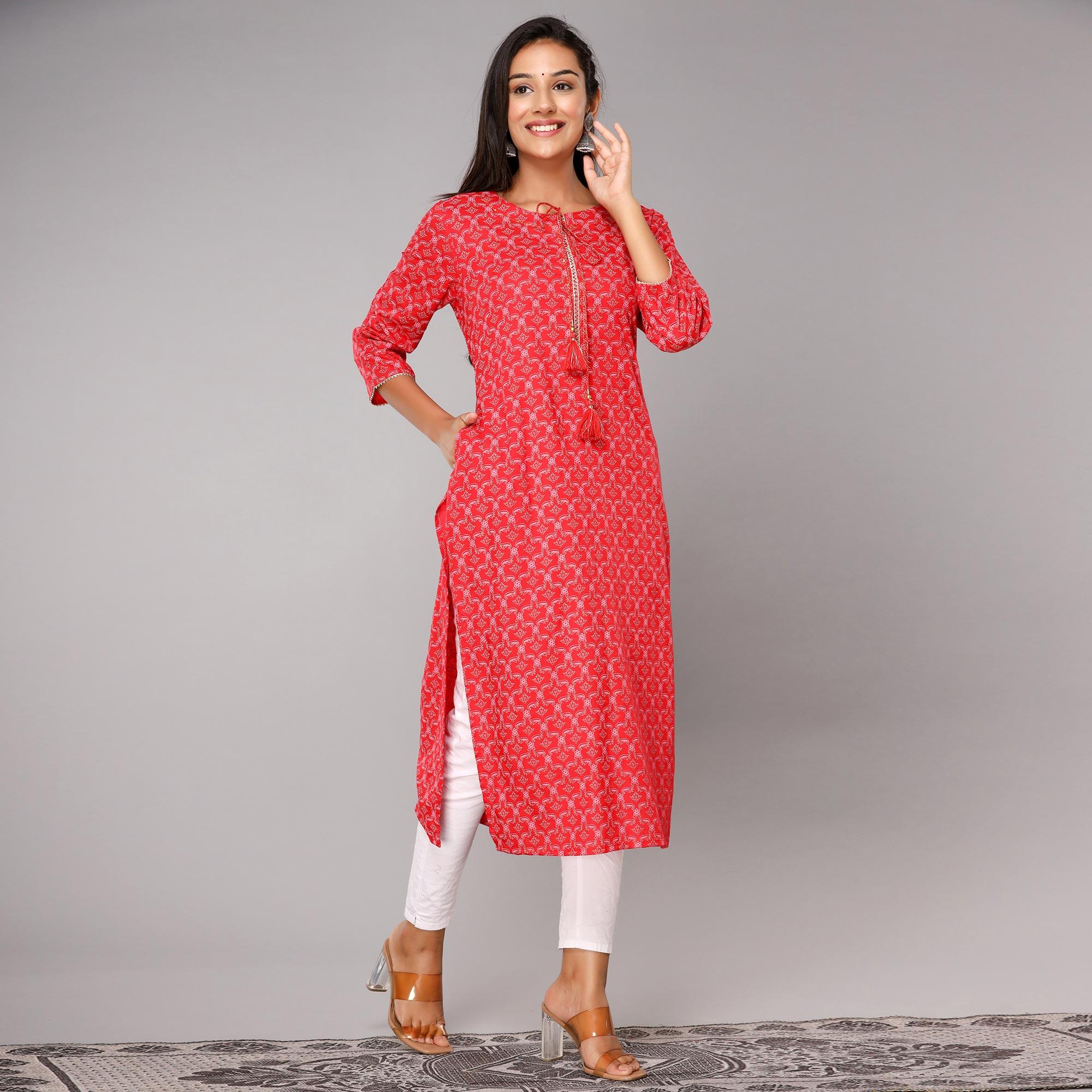 Red Floral Printed Rayon Kurti - Peachmode