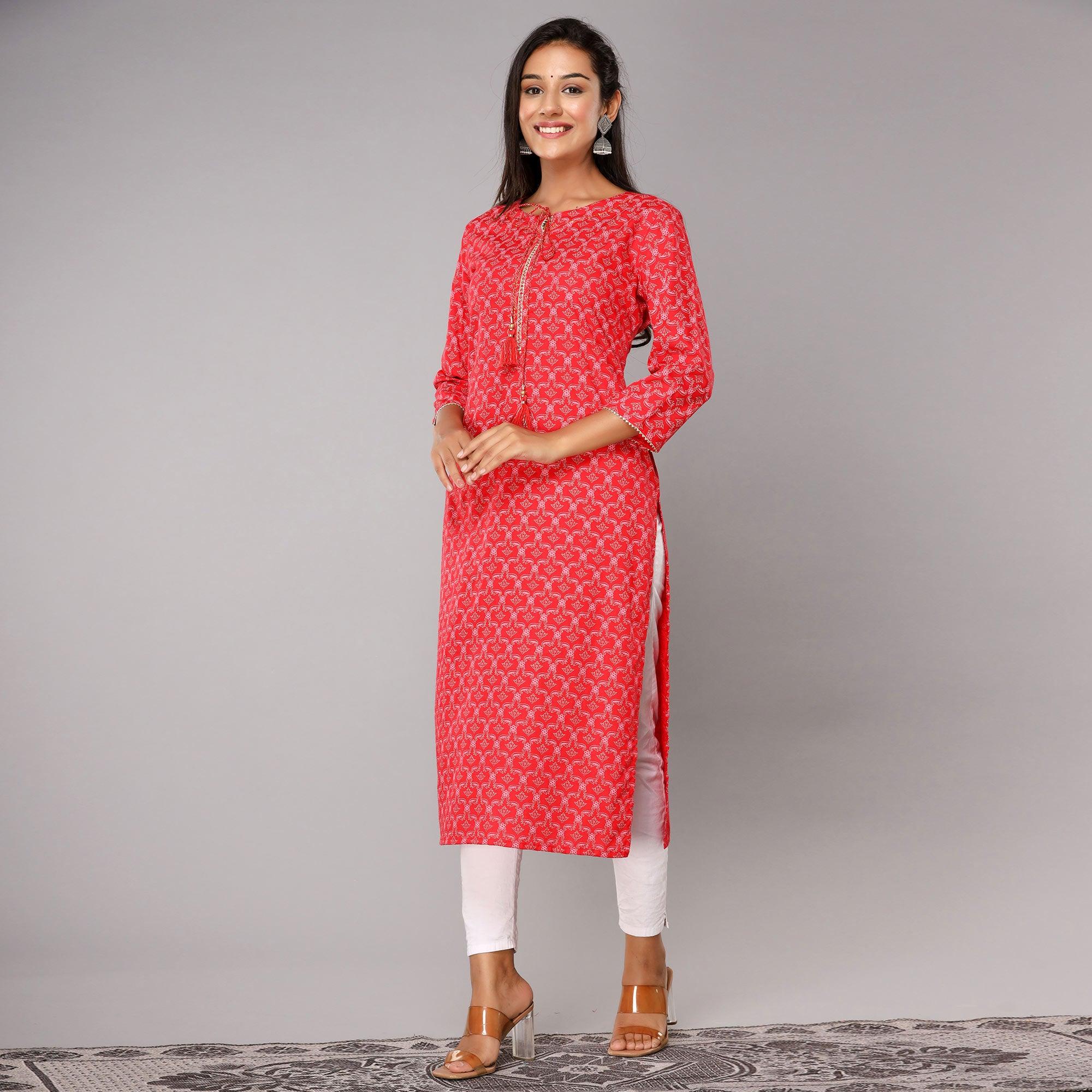 Red Floral Printed Rayon Kurti - Peachmode