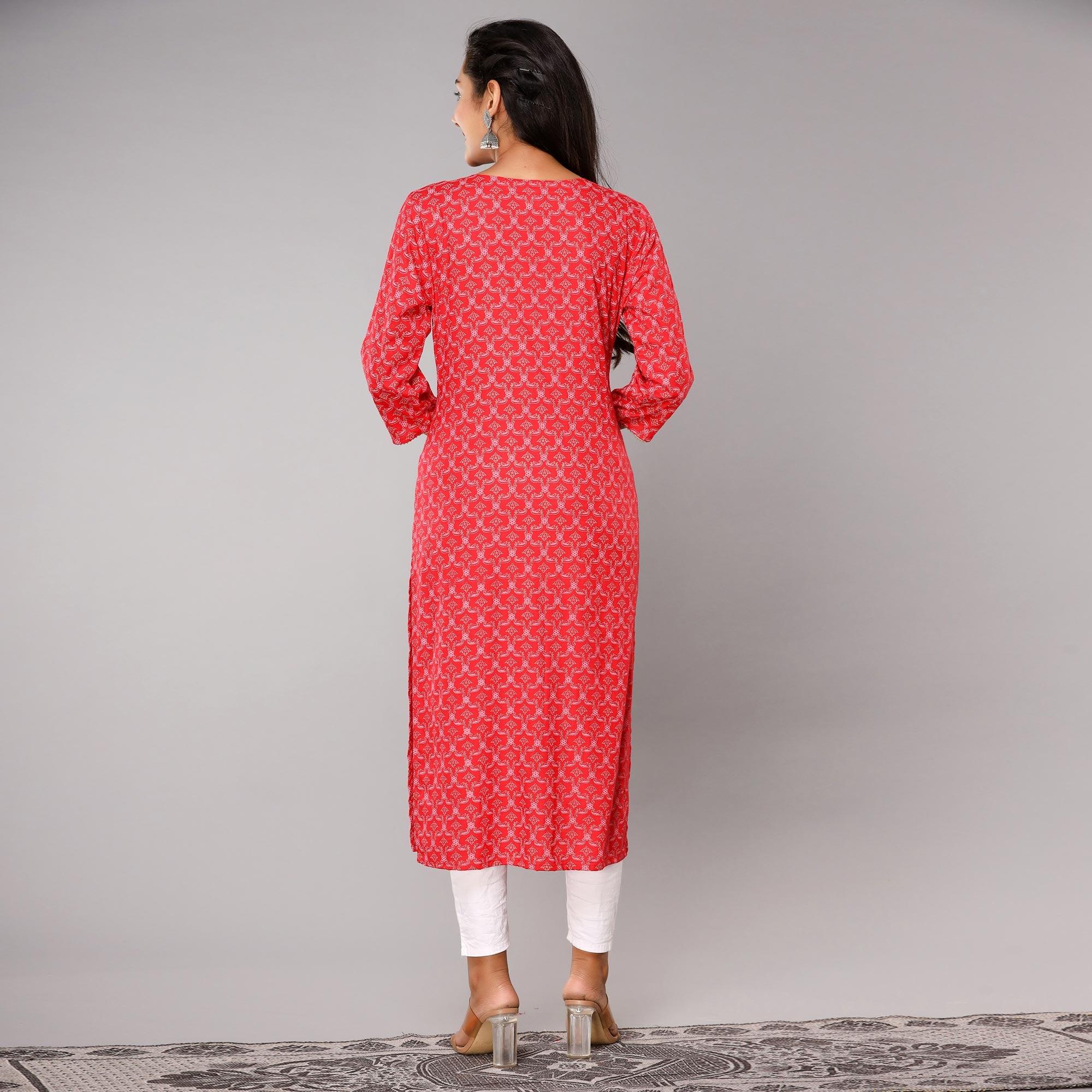 Red Floral Printed Rayon Kurti - Peachmode