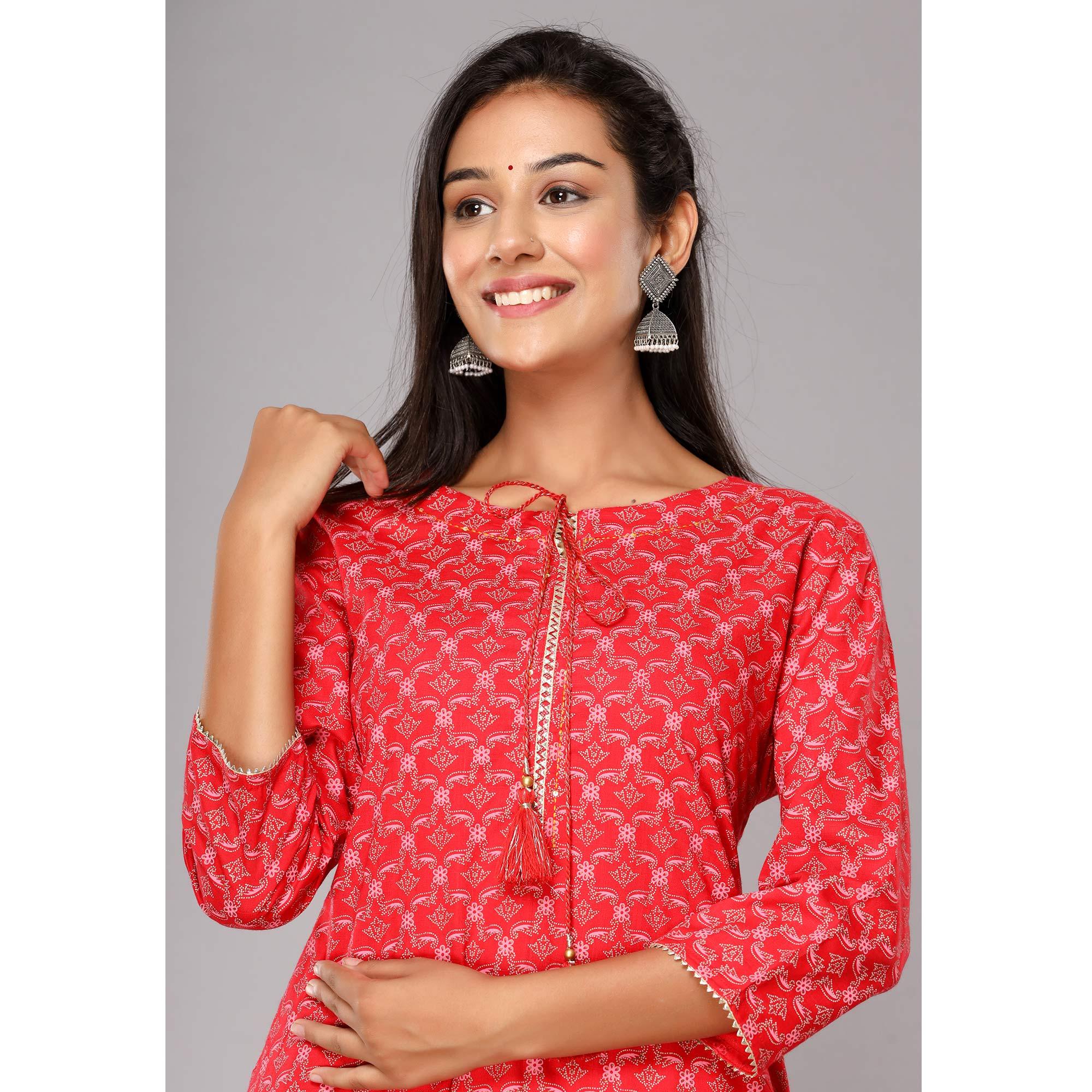 Red Floral Printed Rayon Kurti - Peachmode