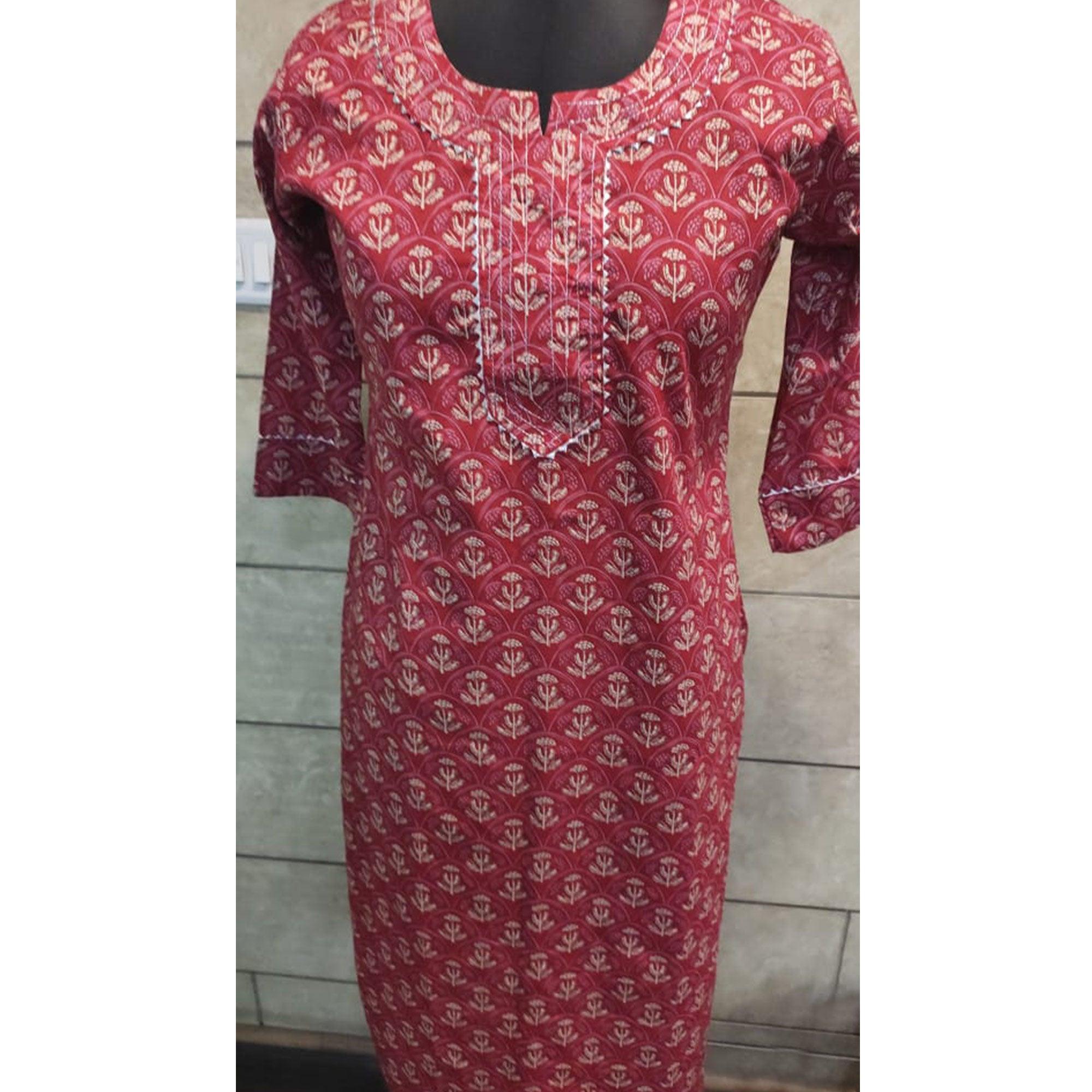 Red Floral Printed With Gota Work Pure Cotton Kurti - Peachmode