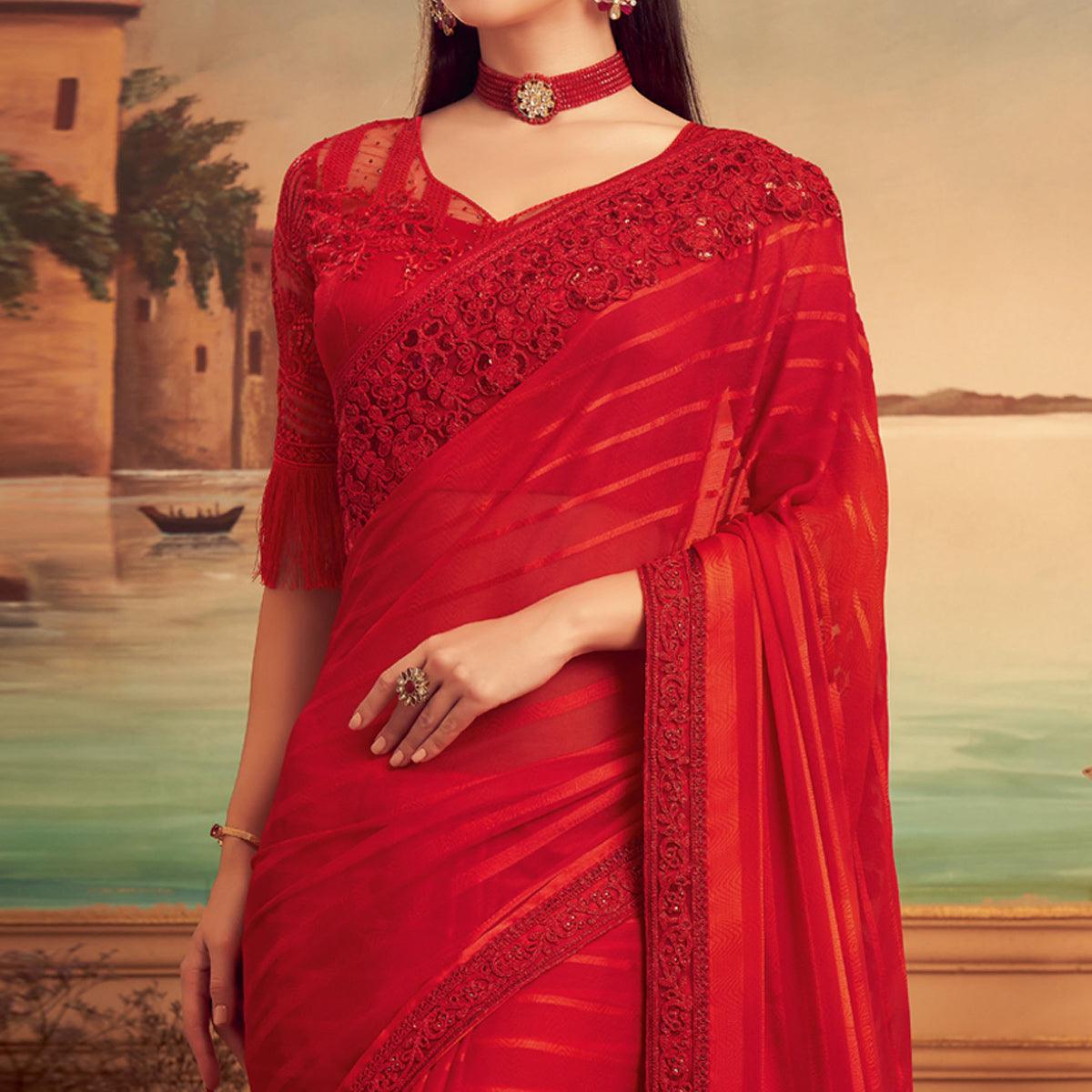 Red Floral Sequence Embroidered Art Silk Saree - Peachmode