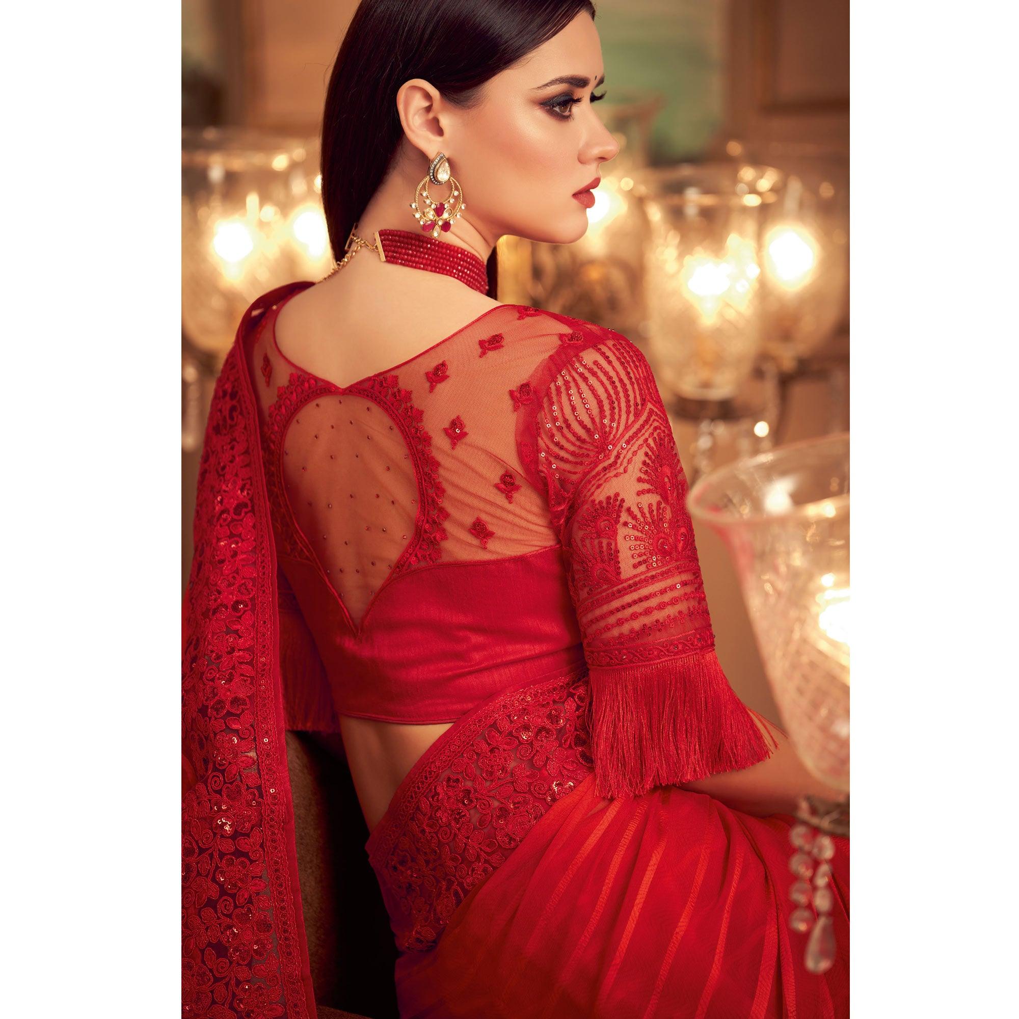 Red Floral Sequence Embroidered Art Silk Saree - Peachmode