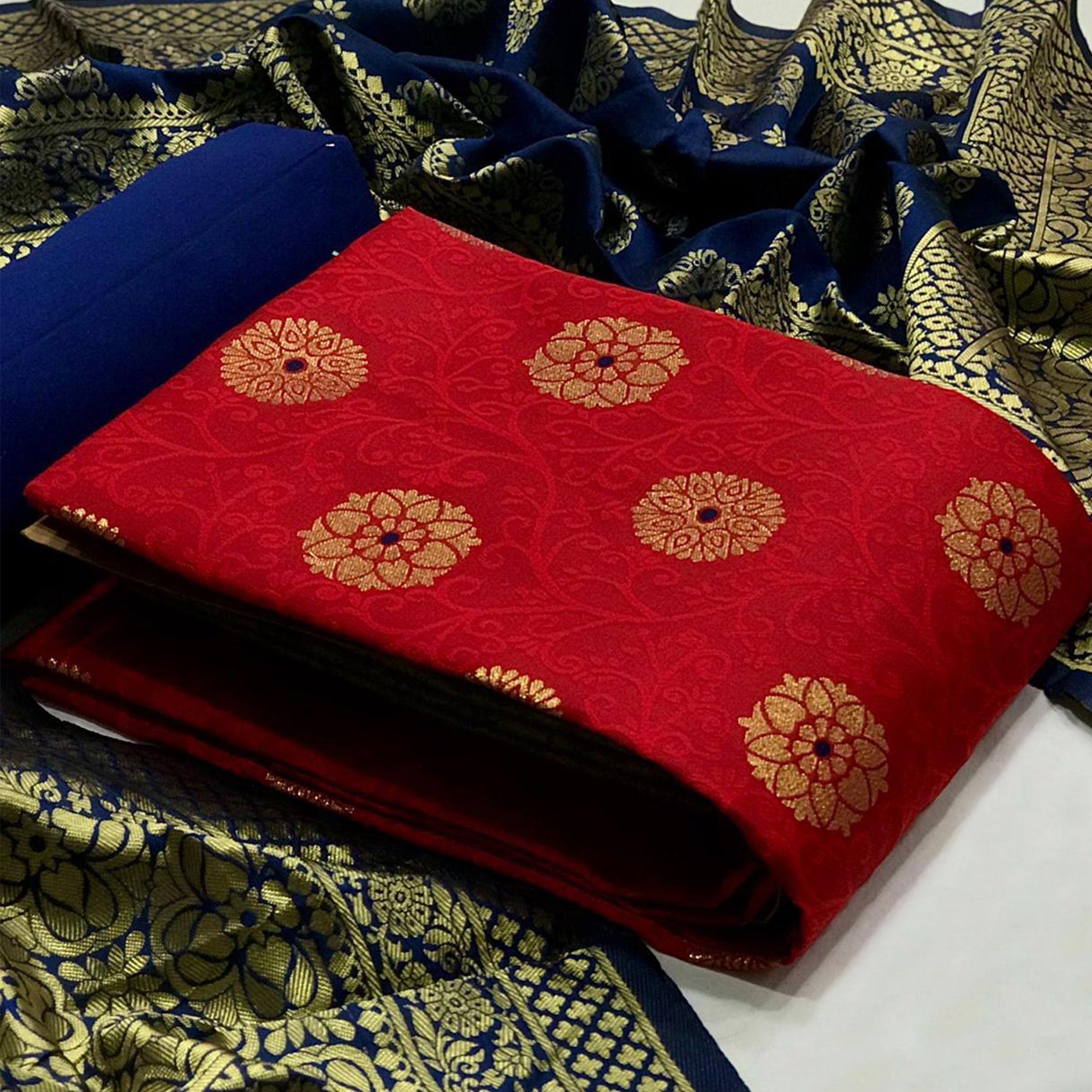 Red Floral Woven Banarasi Silk Dress Material - Peachmode