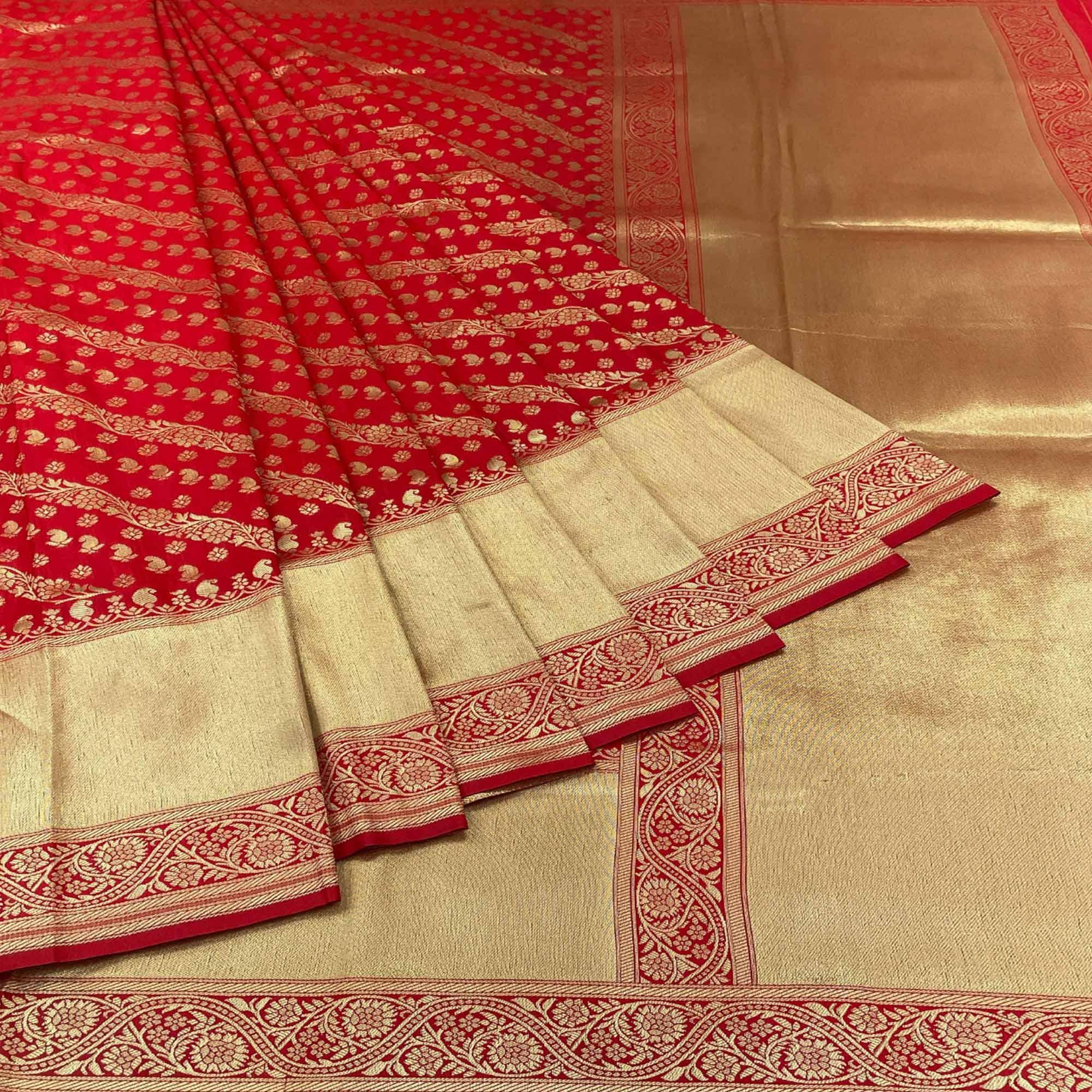 Red Floral Zari Woven Art Silk Saree - Peachmode