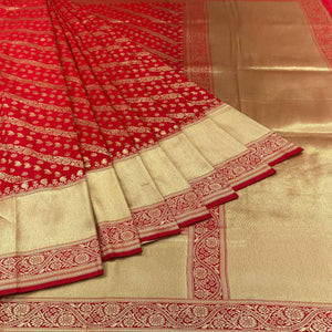 Red Floral Zari Woven Art Silk Saree - Peachmode