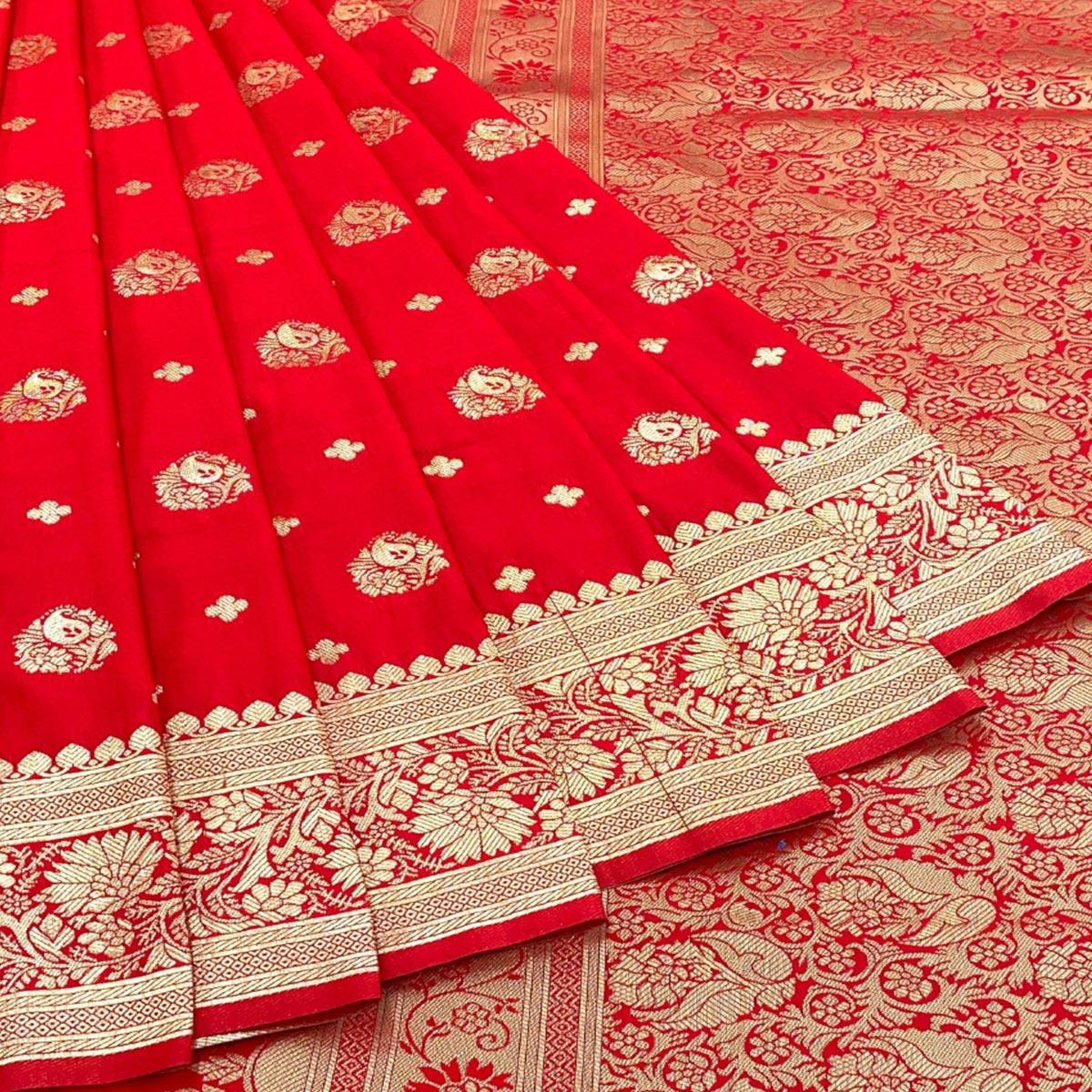 Red Floral Zari Woven Art Silk Saree - Peachmode