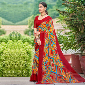Red Geometric Printed Chiffon Saree - Peachmode