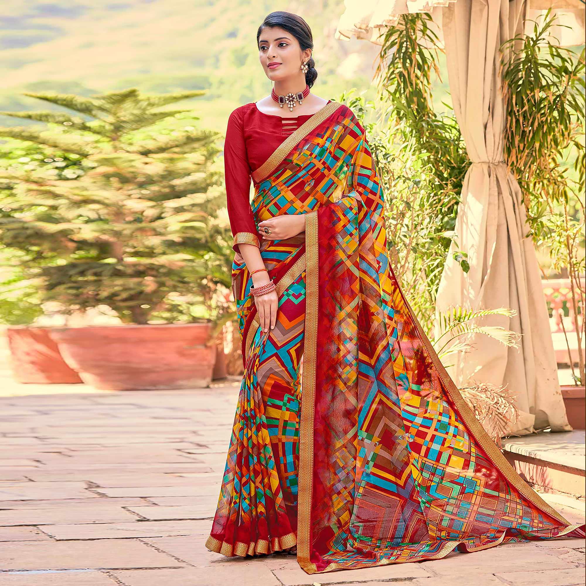 Red Geometric Printed Chiffon Saree - Peachmode
