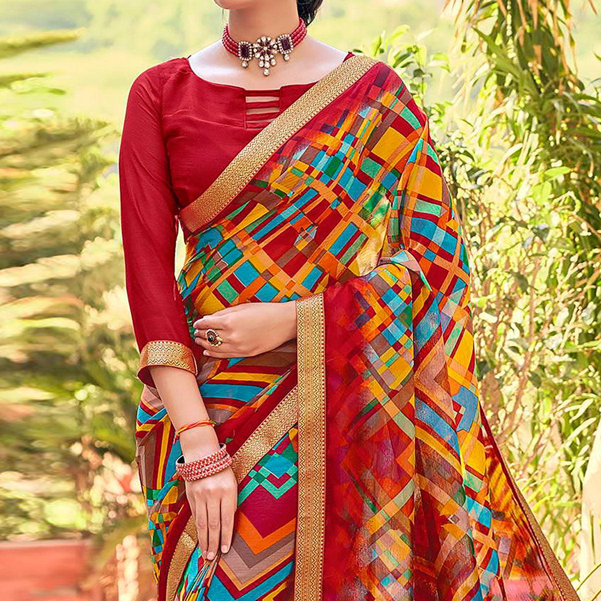 Red Geometric Printed Chiffon Saree - Peachmode