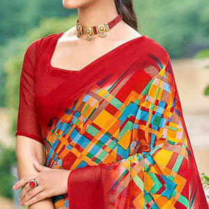 Red Geometric Printed Chiffon Saree - Peachmode