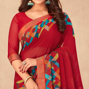Red Geometric Printed Chiffon Saree - Peachmode
