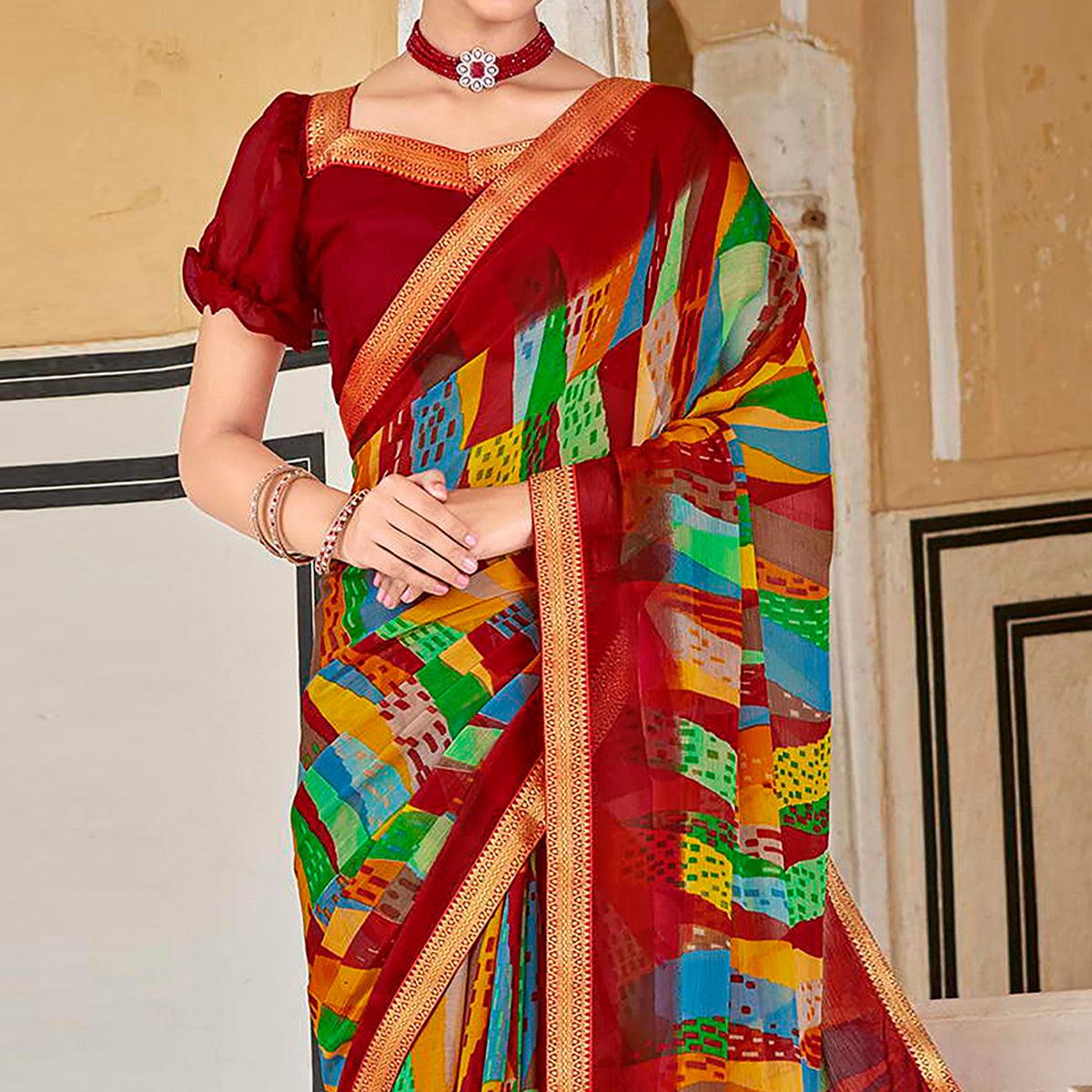 Red Geometric Printed Chiffon Saree - Peachmode